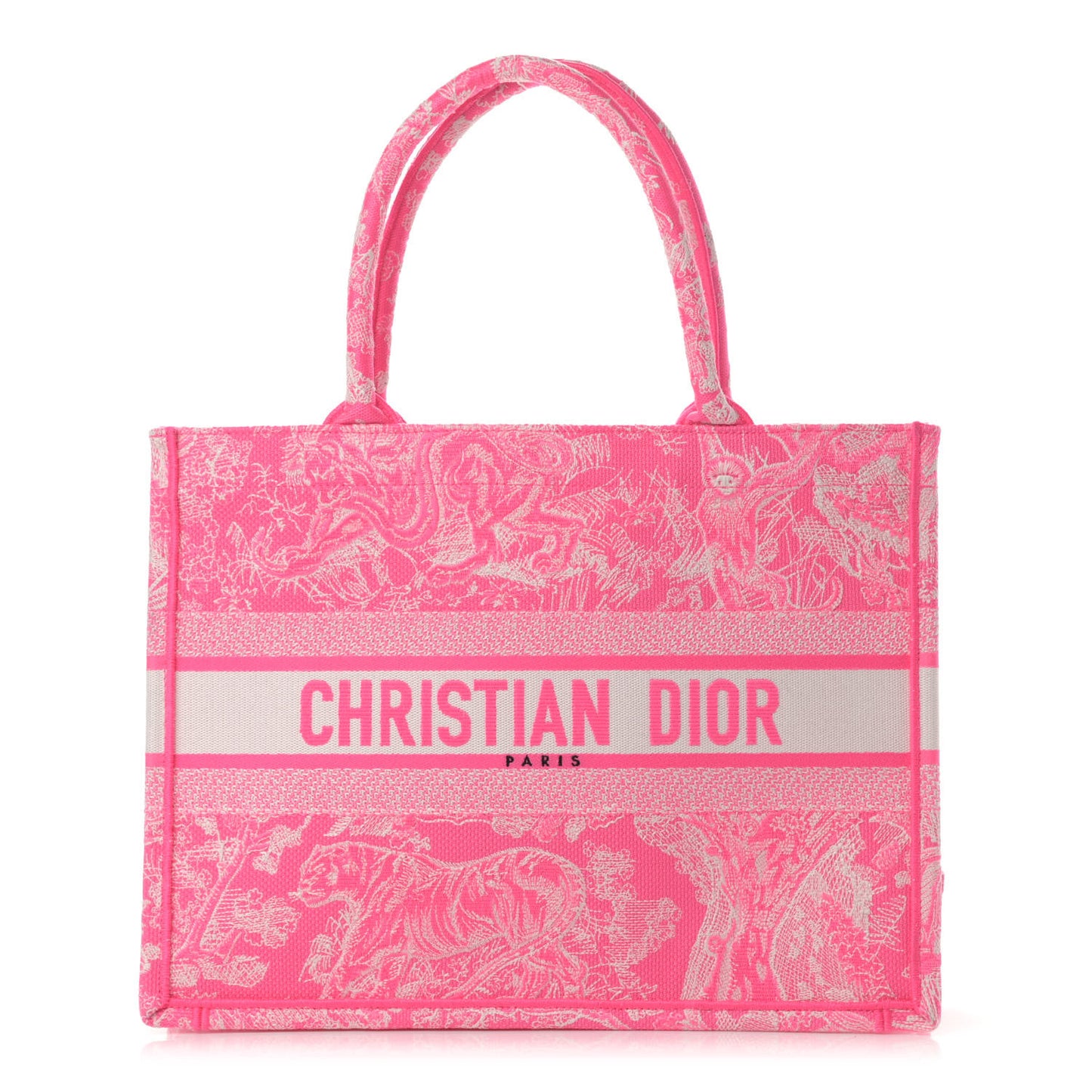 Canvas Embroidered Medium Dioriviera Toile De Jouy Book Tote Fluorescent Pink
