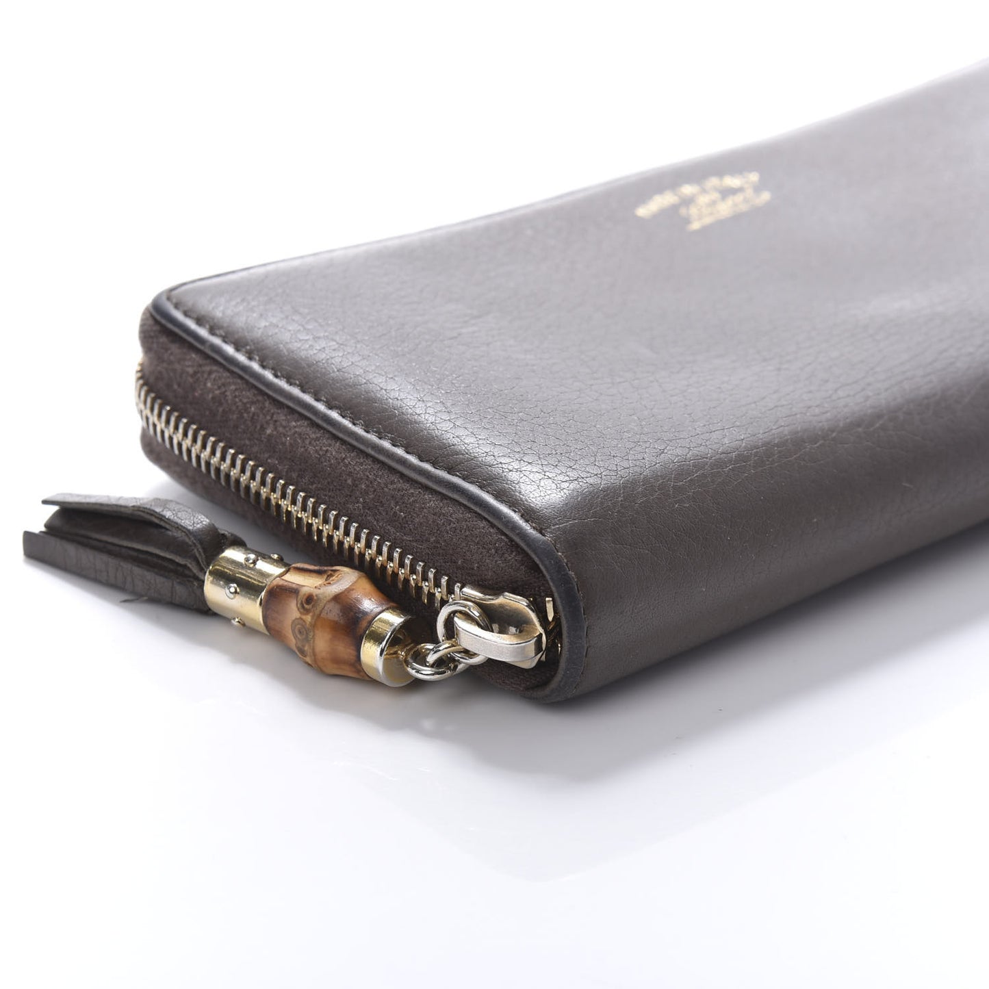 Dollar Calfskin Bamboo Tassel Zip Around Wallet Grey Field