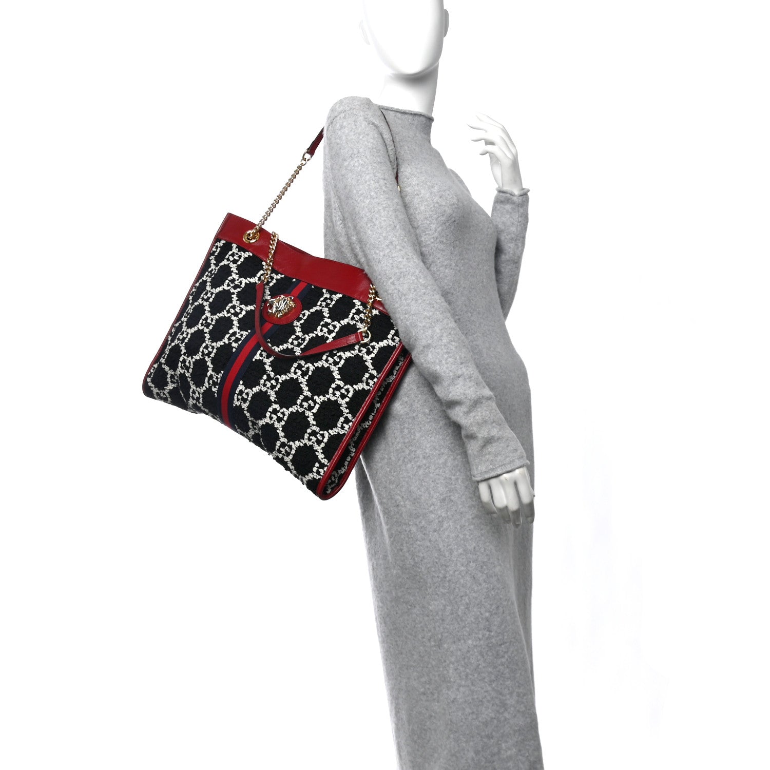 Gucci Tweed GG Monogram Large Rajah Chain Tote Romantic Cherry Black White 3 of 12