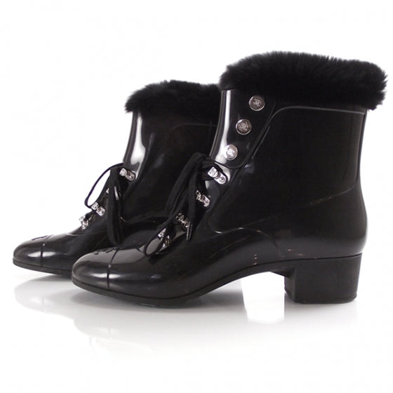 Fur Lined Vinyl Boots Black 38