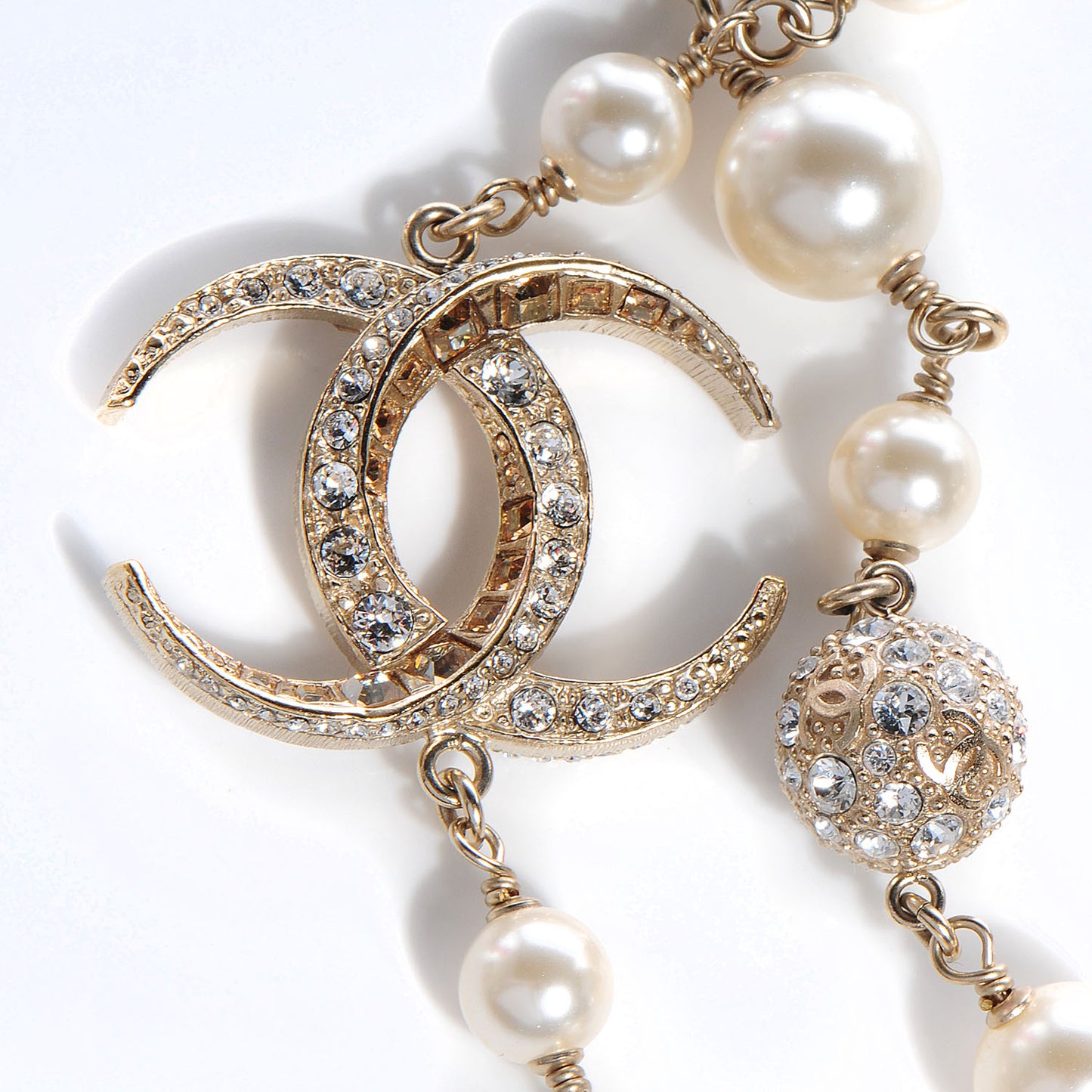 Crystal Pearl CC Long Necklace Gold