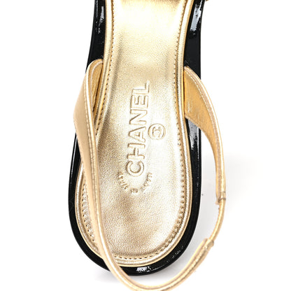 Chanel Laminated Lambskin Patent Cap Toe CC Apple Slingback Pumps 40 Gold Black 8 of 10