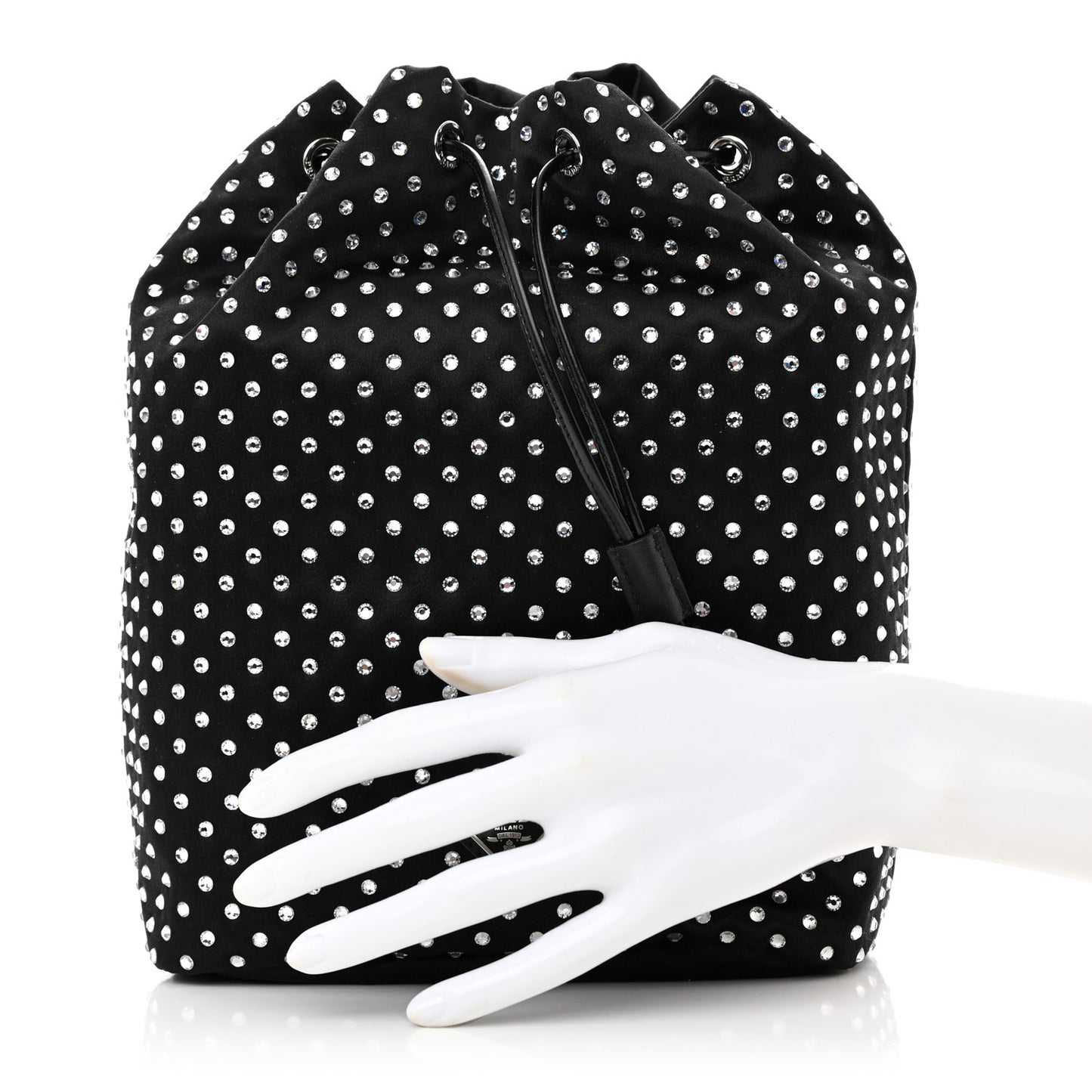 Satin Crystal Metal Triangle Logo Drawstring Pouch Cristal