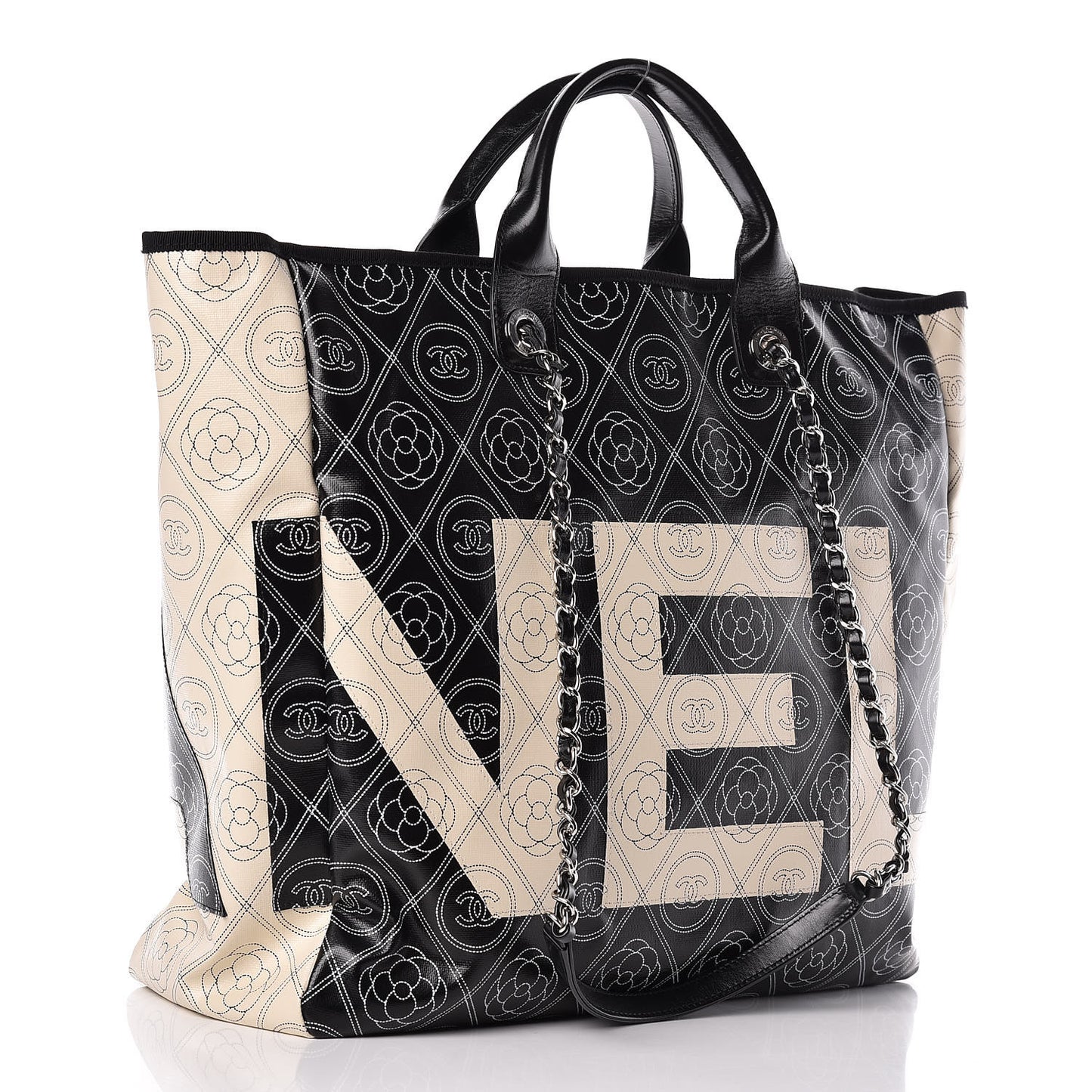 Coated Canvas Camellia Medium Shopping Tote Black Beige