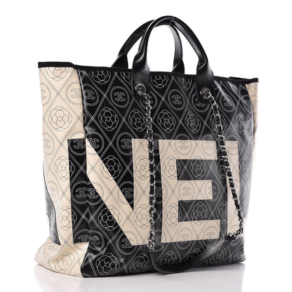 Chanel Coated Canvas Camellia Medium Shopping Tote Black Beige 3 of 11