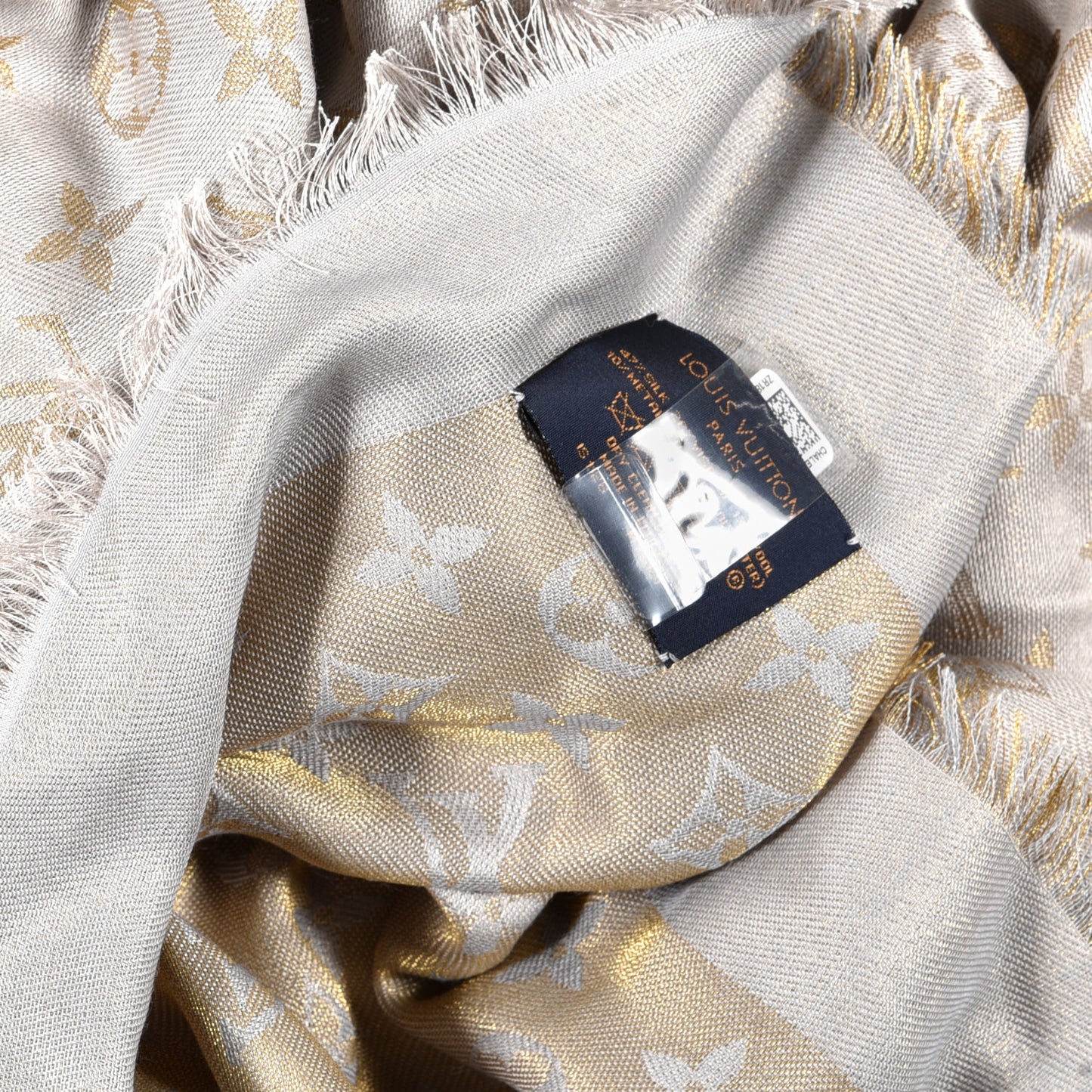 Silk Wool Monogram Shine Shawl Beige