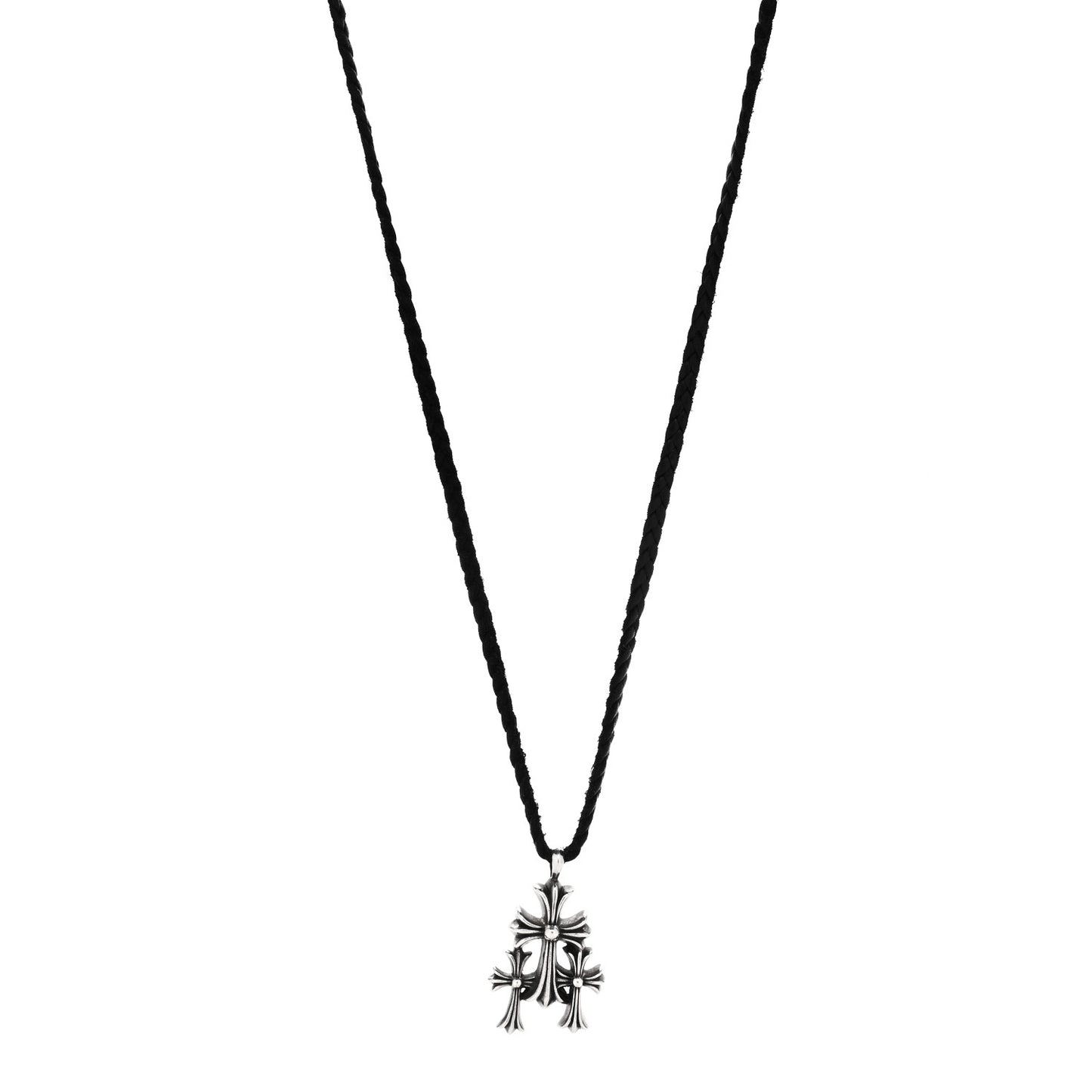 Sterling Silver Leather Triple Cross Pendant Necklace