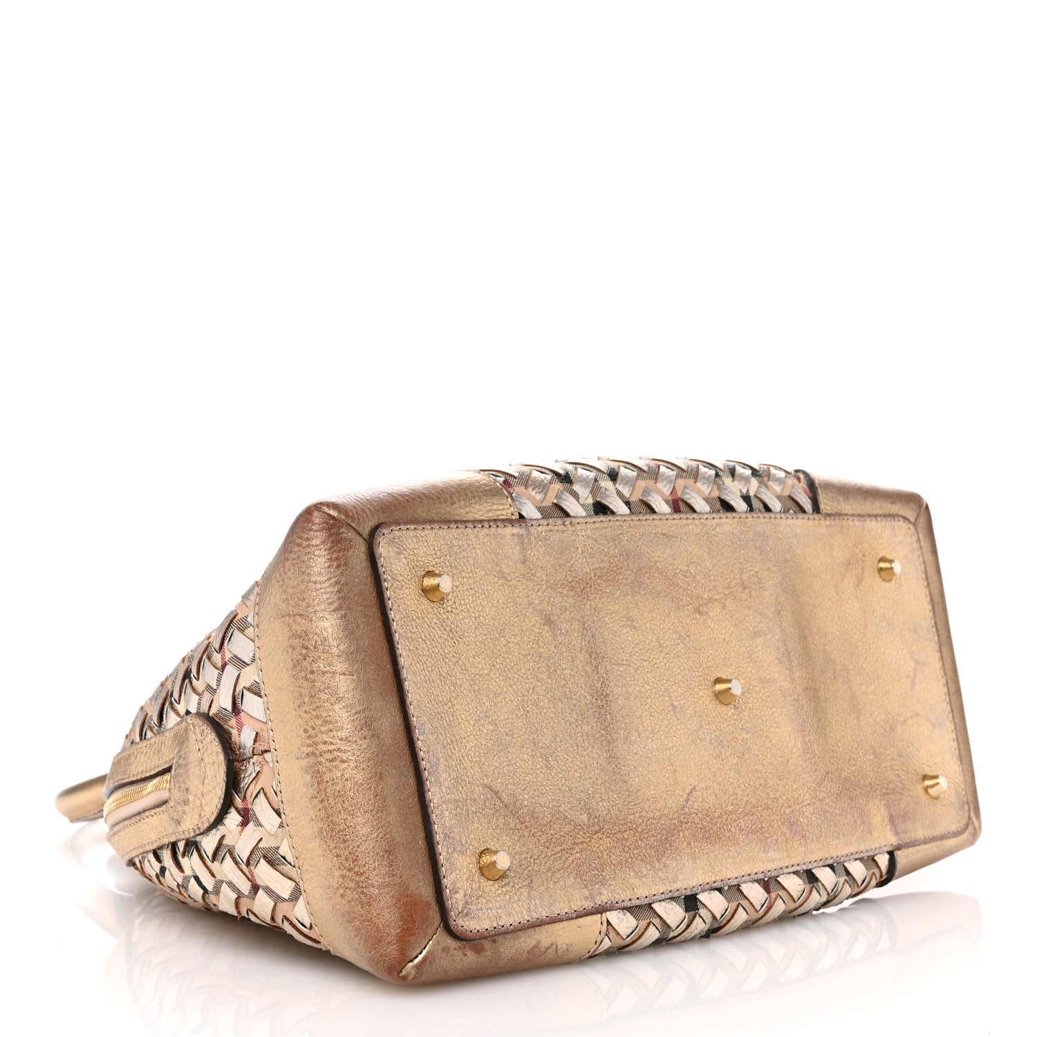 Burberry Metallic Woven Haymarket Check Thornley Satchel Gold 4 of 13