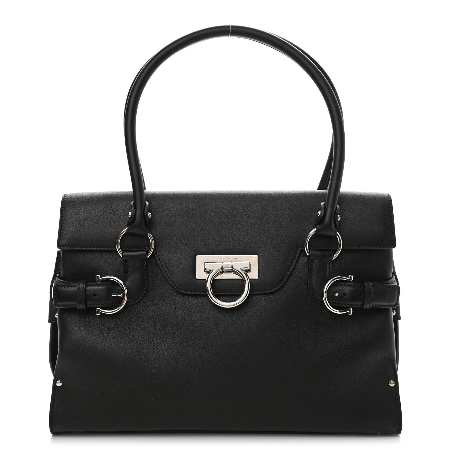 Salvatore Ferragamo Calfskin Gancini Top Handle Satchel Black 1 of 10