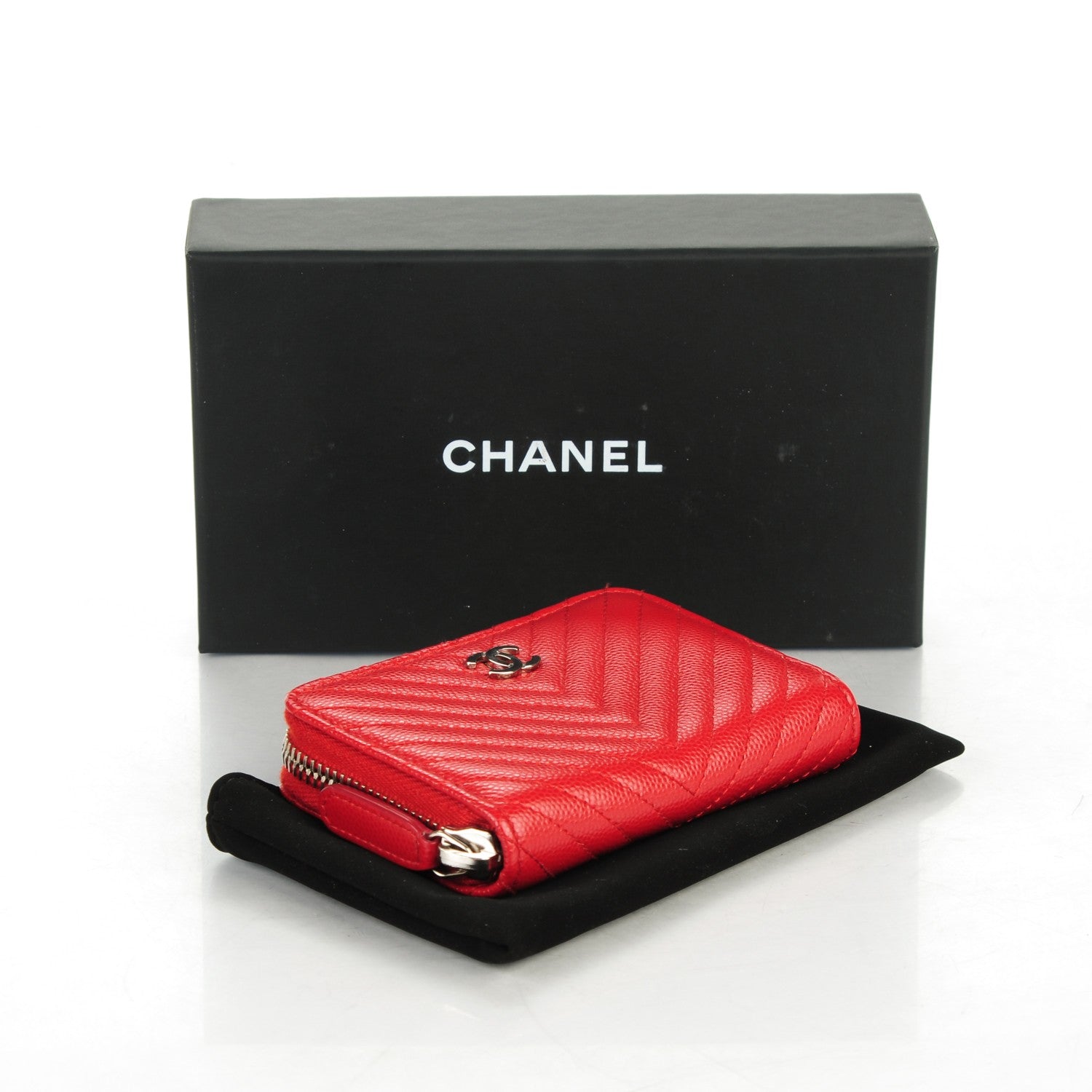 Chanel Caviar Chevron Quilted Zip Around Coin Purse Red 4 of 7