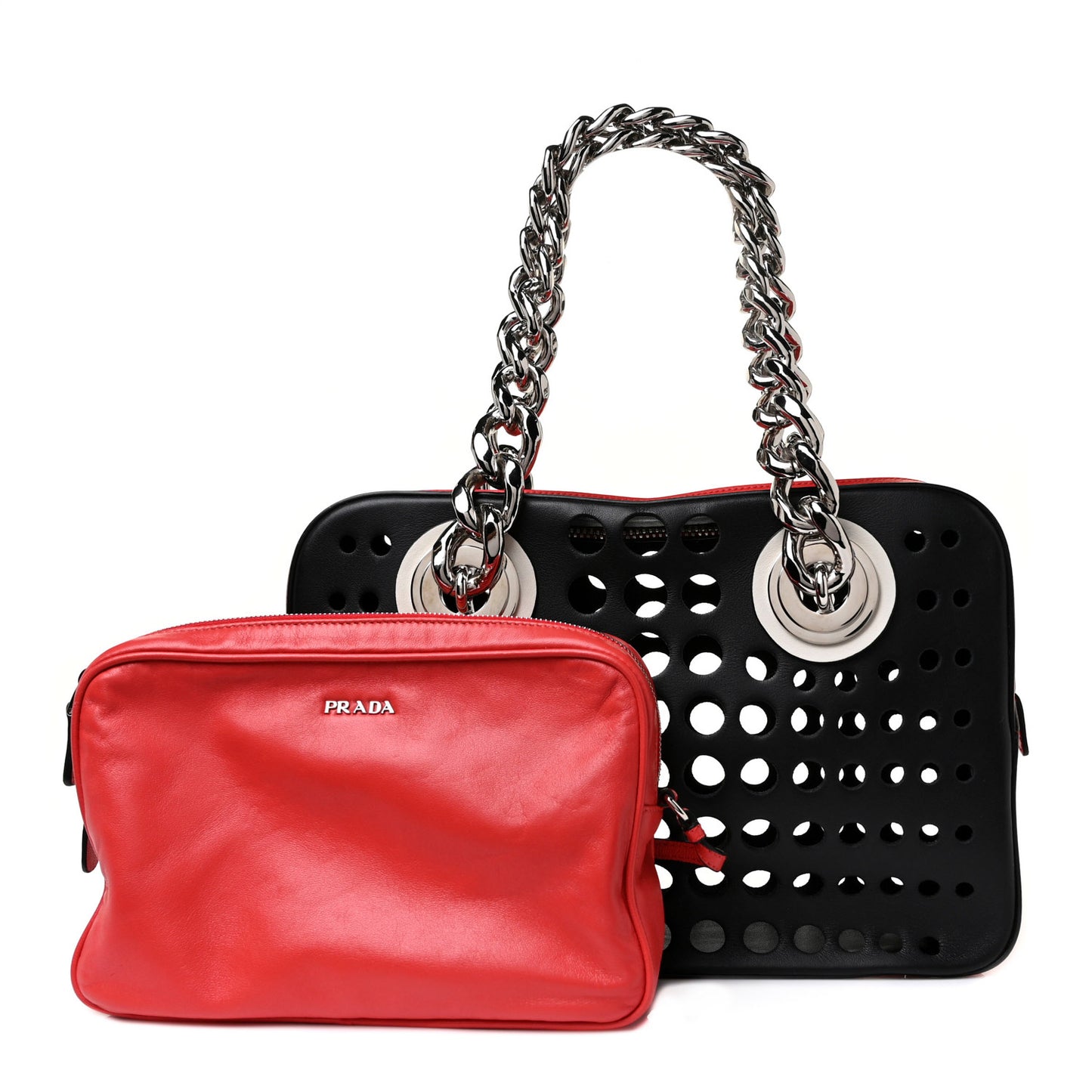City Calfskin Perforated Chain Shoulder Bag Black Lacca