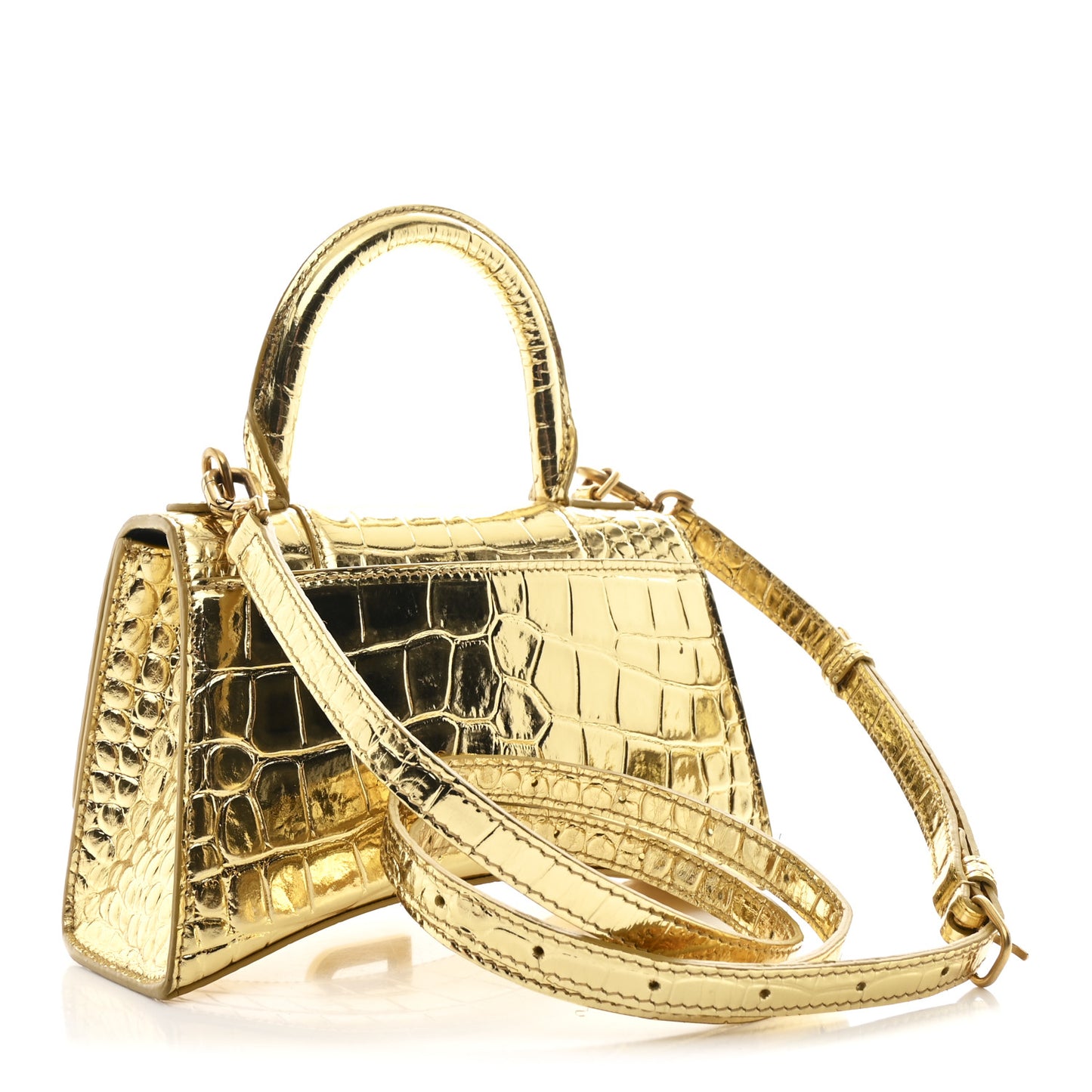Metallic Calfskin Crocodile Embossed Hourglass Top Handle Bag XS Gold