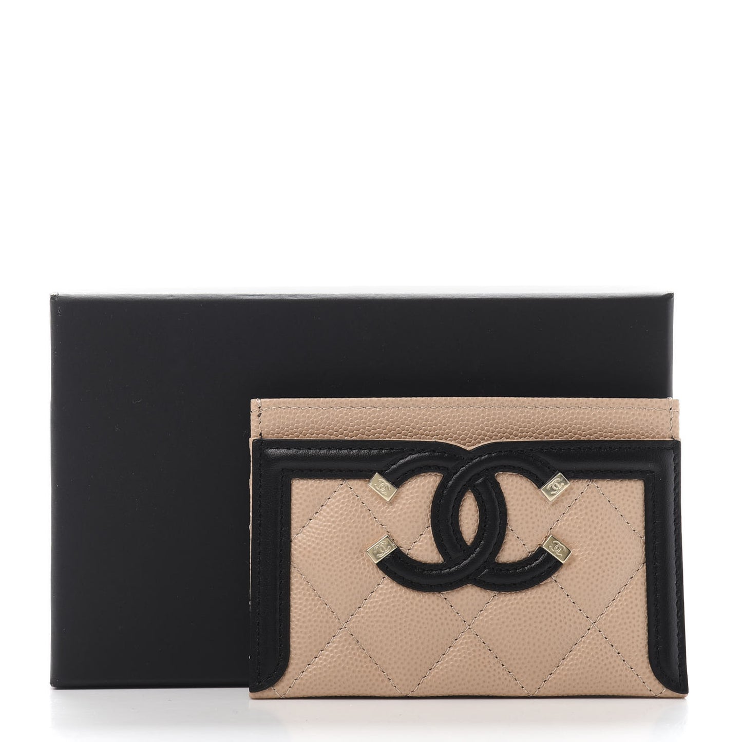 Caviar Quilted Filigree Card Holder Beige Black
