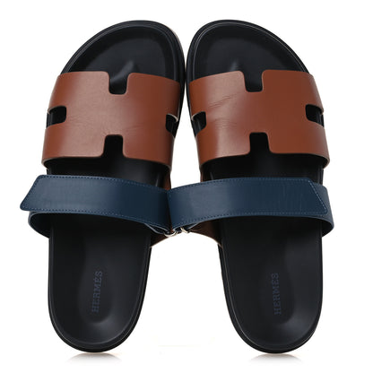 Hermes Calfskin Mens Chypre Sandals 43 Gold Bleu Celeste 2 of 12