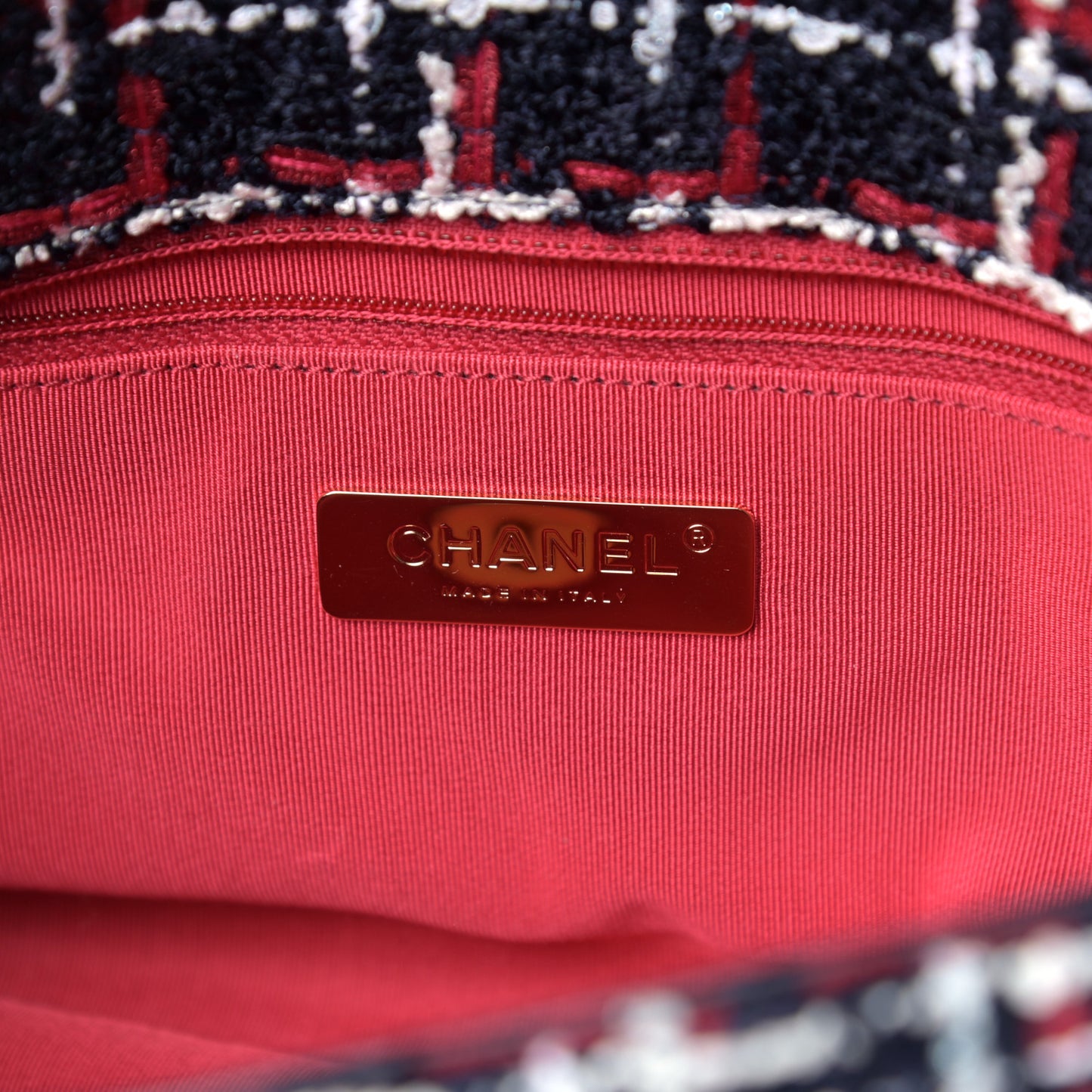 Tweed Quilted Medium Chanel 19 Flap Navy Blue White Red
