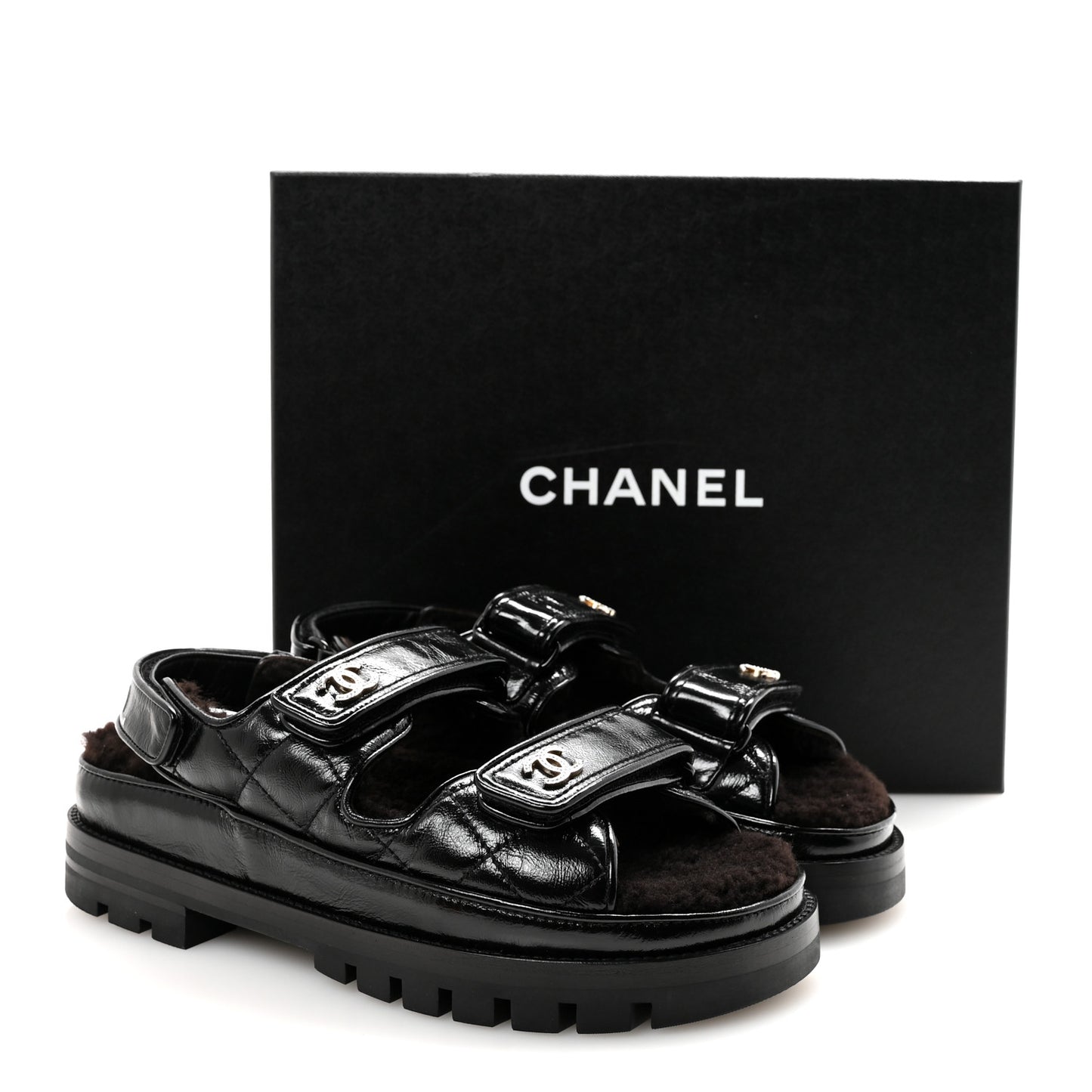 Laminated Lambskin Shearling Crystal CC Velcro Dad Platform Sandals 37 Black