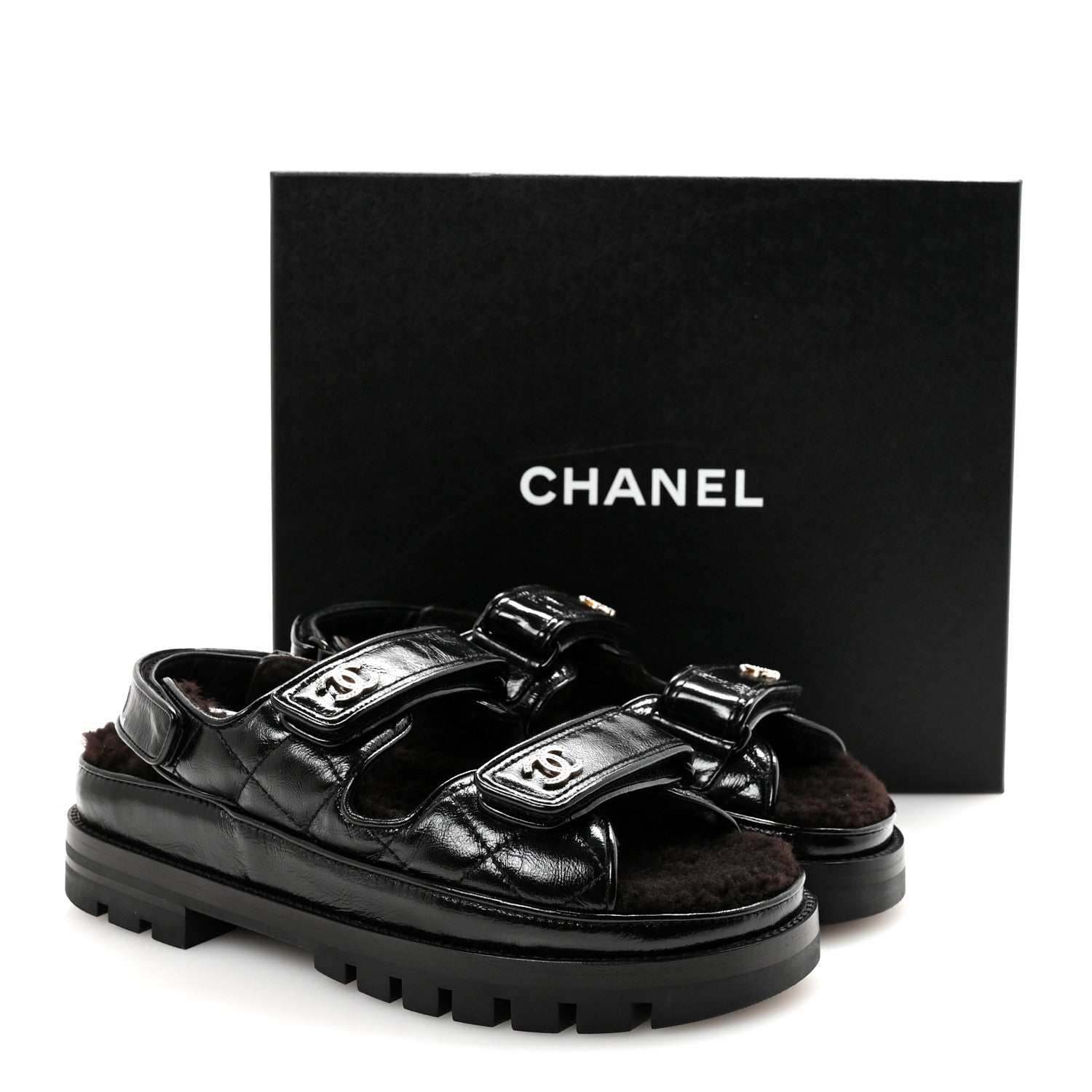 Chanel Laminated Lambskin Shearling Crystal CC Velcro Dad Platform Sandals 37 Black 10 of 10