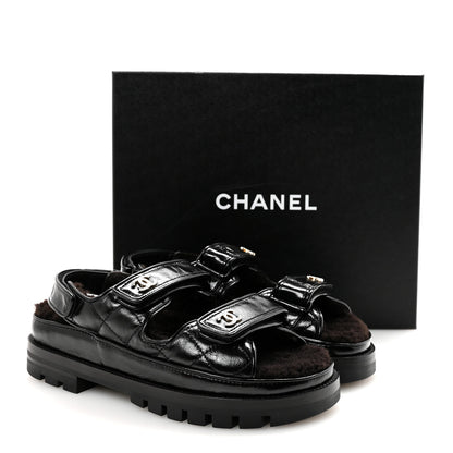 Chanel Laminated Lambskin Shearling Crystal CC Velcro Dad Platform Sandals 37 Black 10 of 10