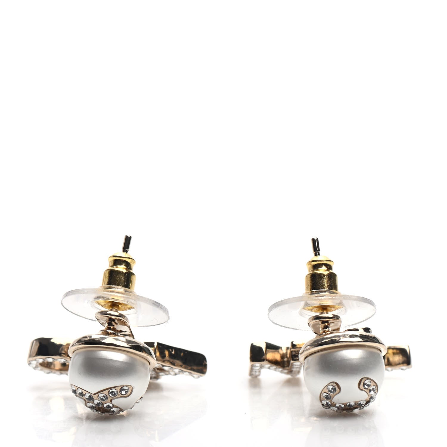 Chanel Pearl Crystal Logo Earrings Gold Pearly White 3 of 5