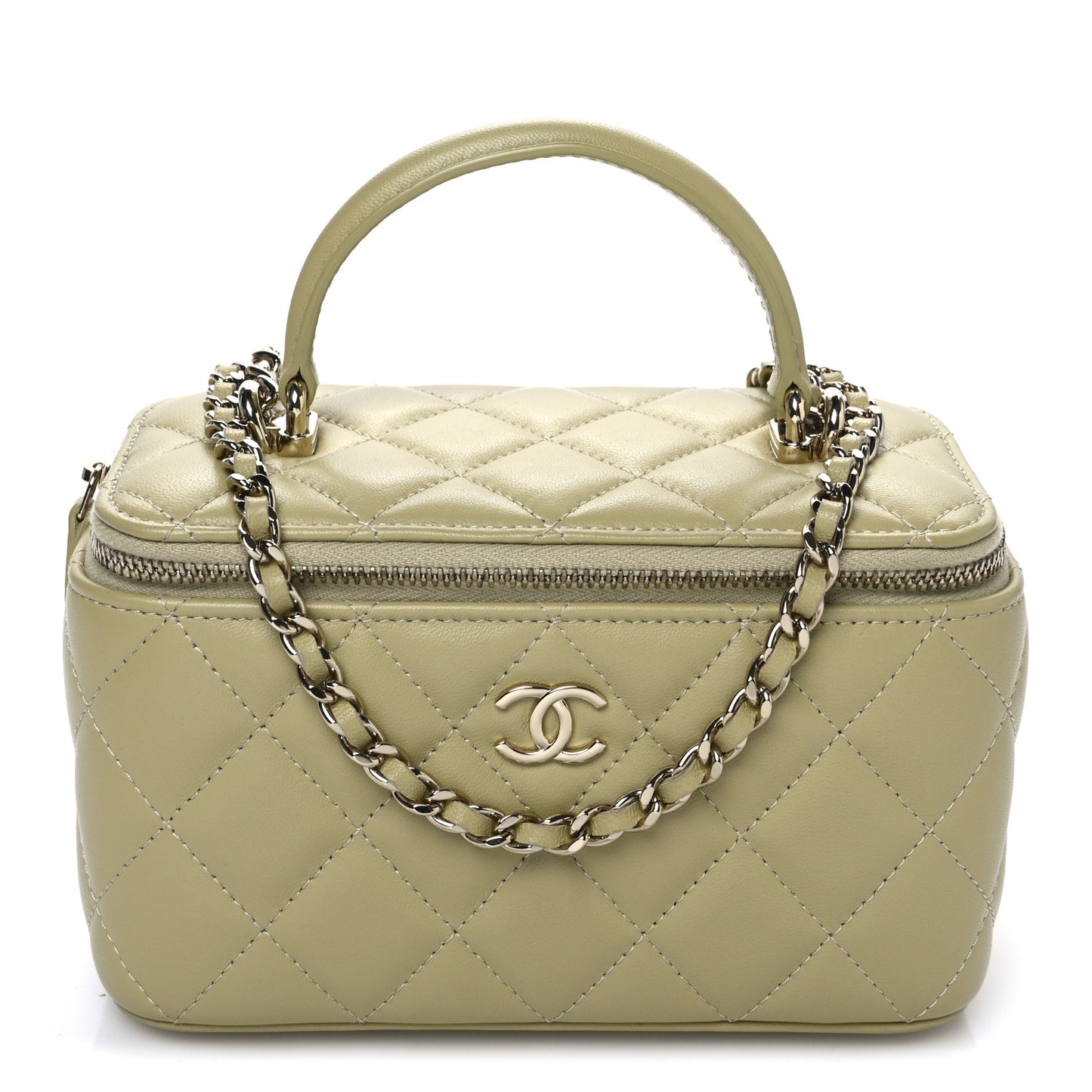 Lambskin Quilted Small Top Handle Vanity Case With Chain Light Green