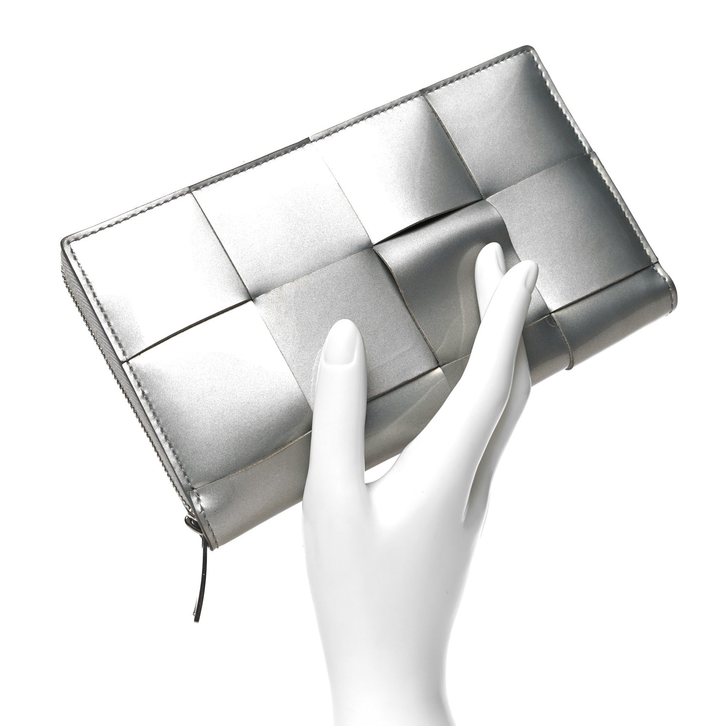 Metallic Patent Calfskin Maxi Intrecciato Zip Around Wallet Silver