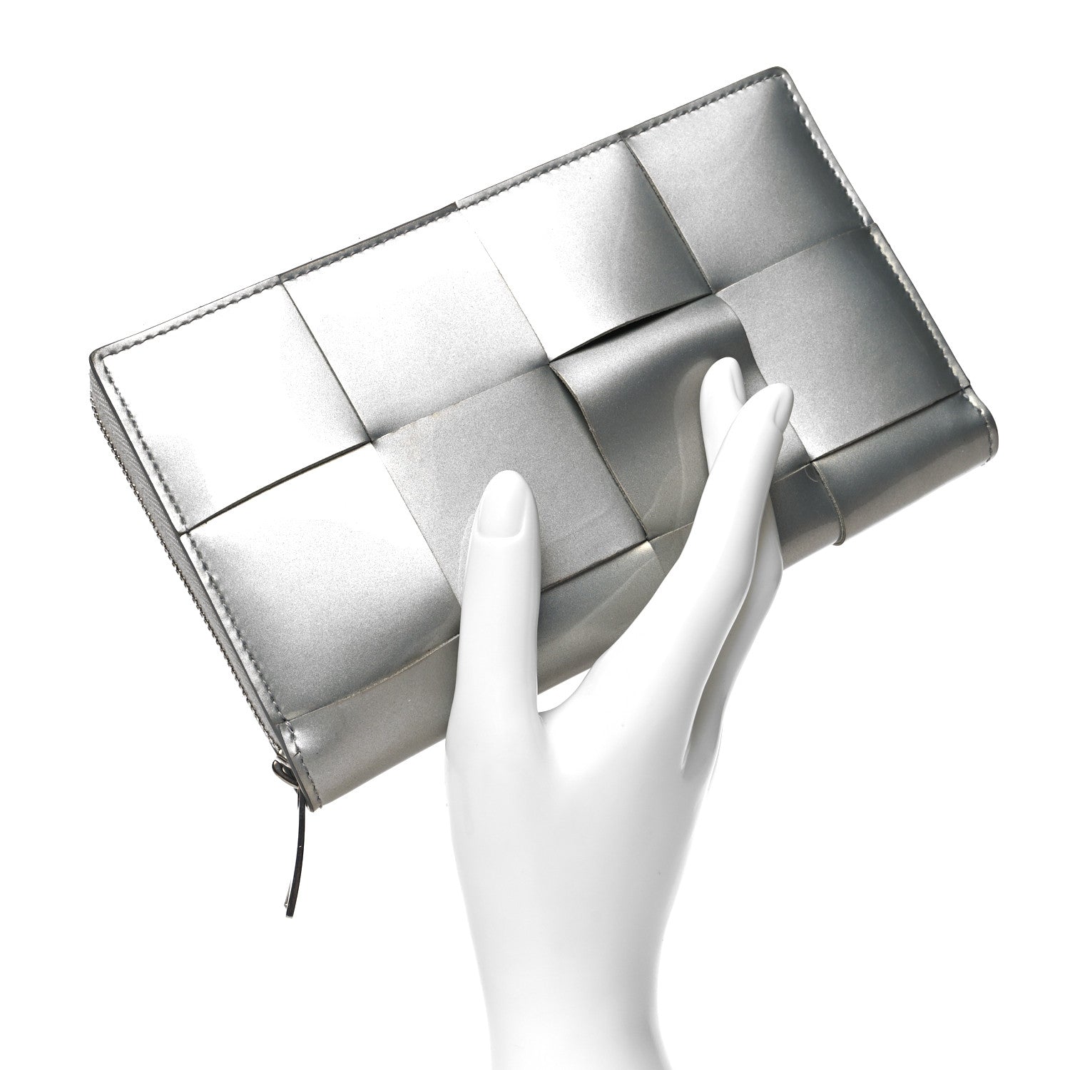 Bottega Veneta Metallic Patent Calfskin Maxi Intrecciato Zip Around Wallet Silver 2 of 12