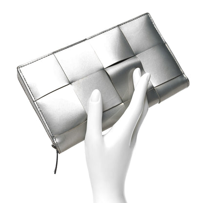 Bottega Veneta Metallic Patent Calfskin Maxi Intrecciato Zip Around Wallet Silver 2 of 12