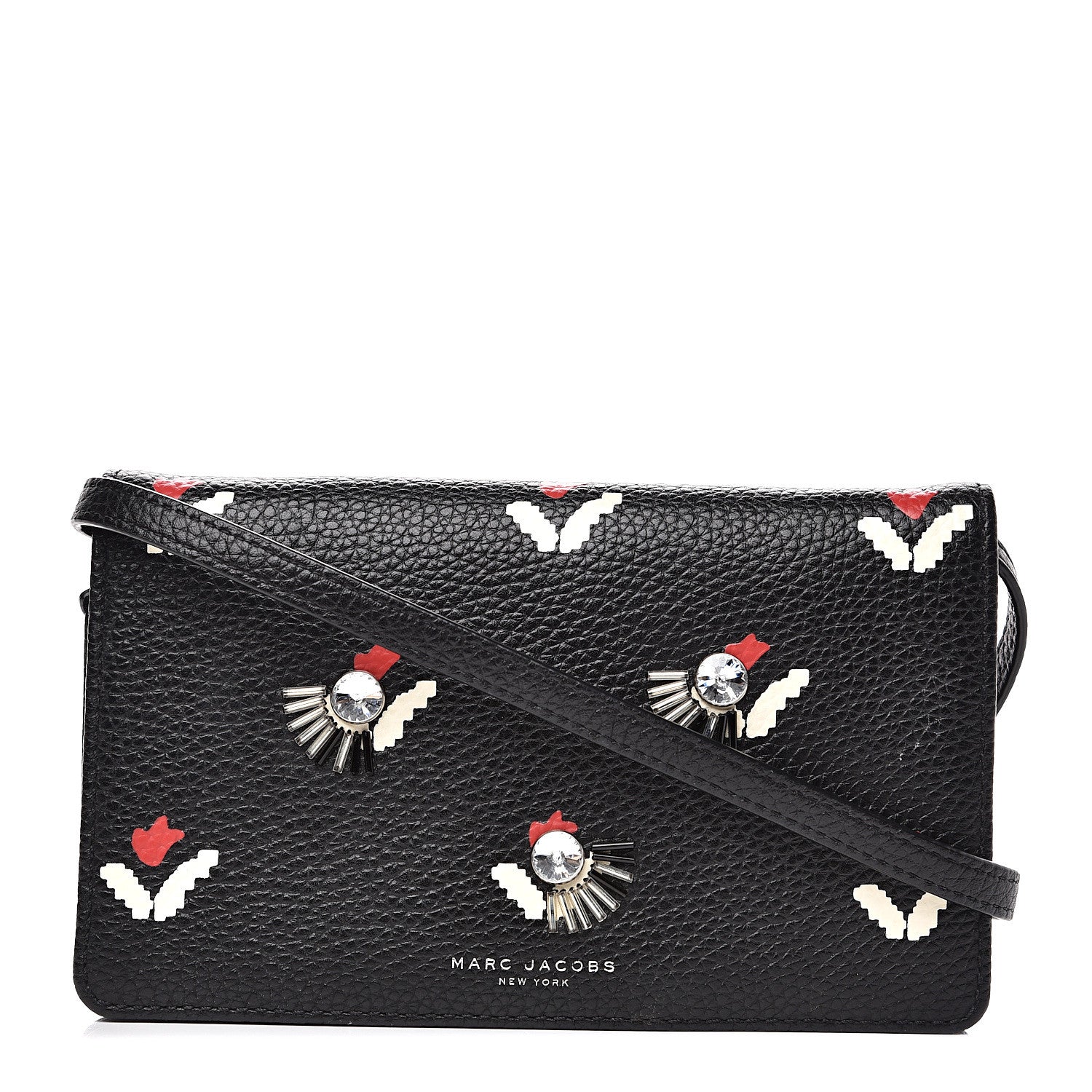 Marc Jacobs Grained Calfskin Embellished Tulip Print Wallet Crossbody Black Multicolor 1 of 12
