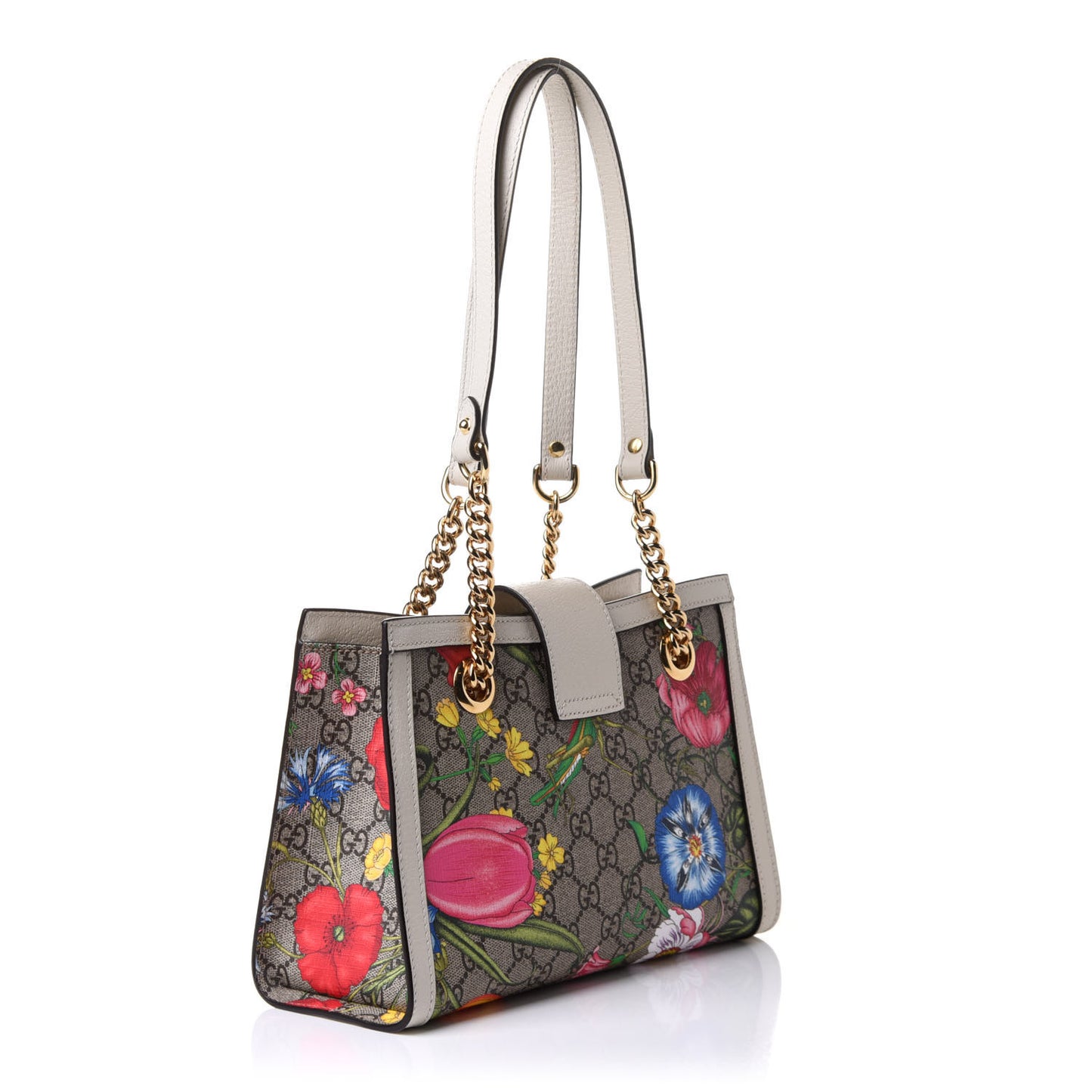 GG Supreme Monogram Flora Textured Calfskin Small Padlock Tote Beige Ebony Multicolor Mystic White