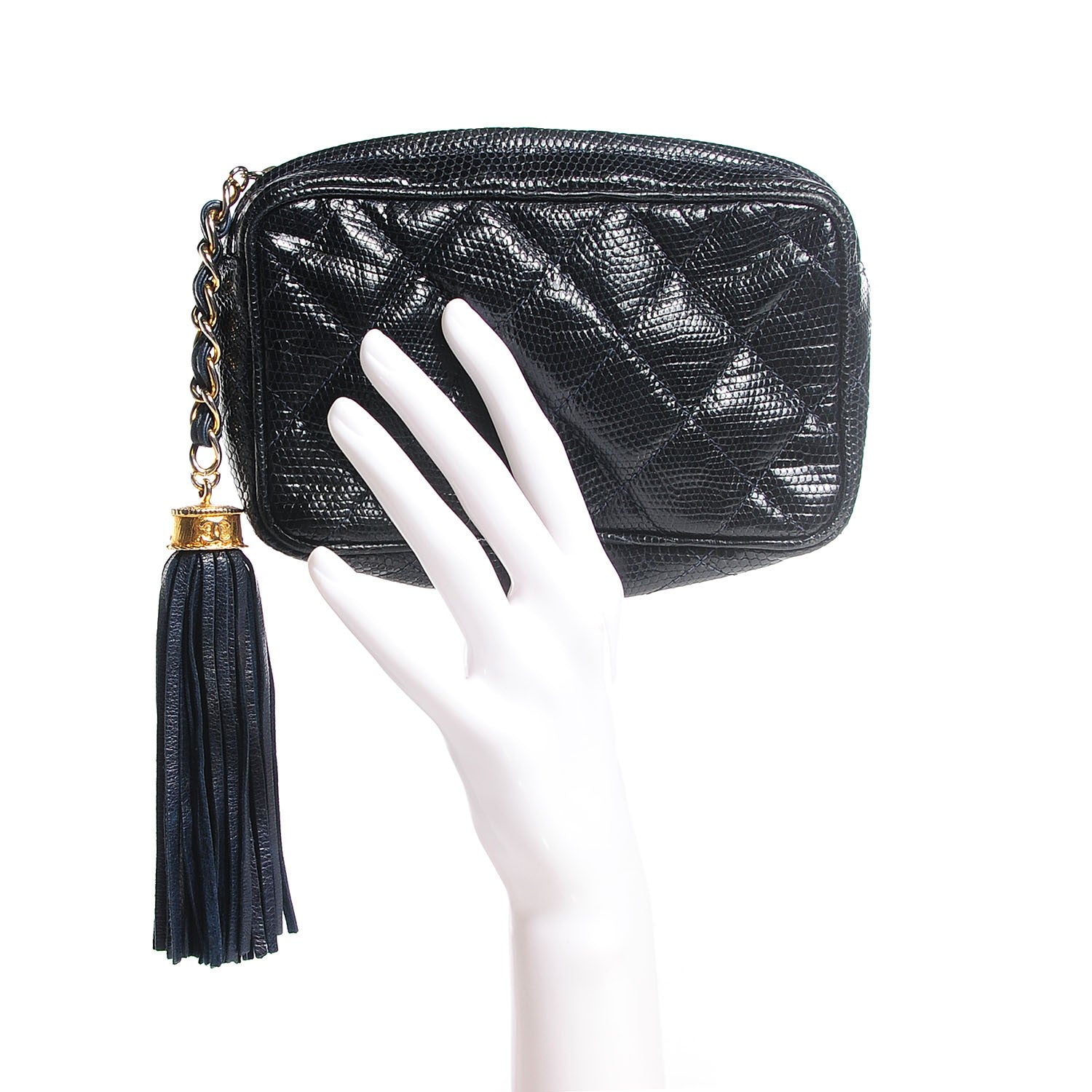 Chanel Quilted Lizard Tassel Cosmetic Pouch Navy 2 of 7