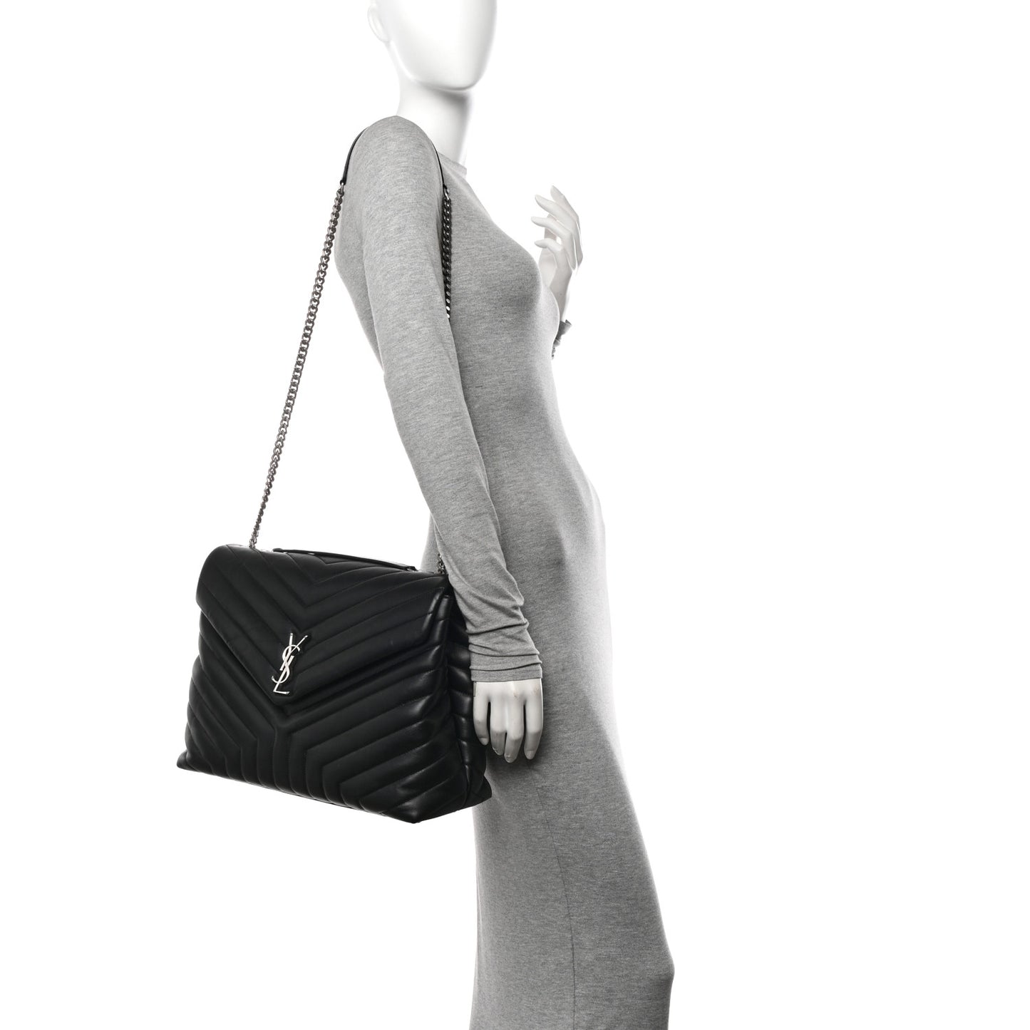 Calfskin Y Quilted Monogram Large Loulou Chain Satchel Black