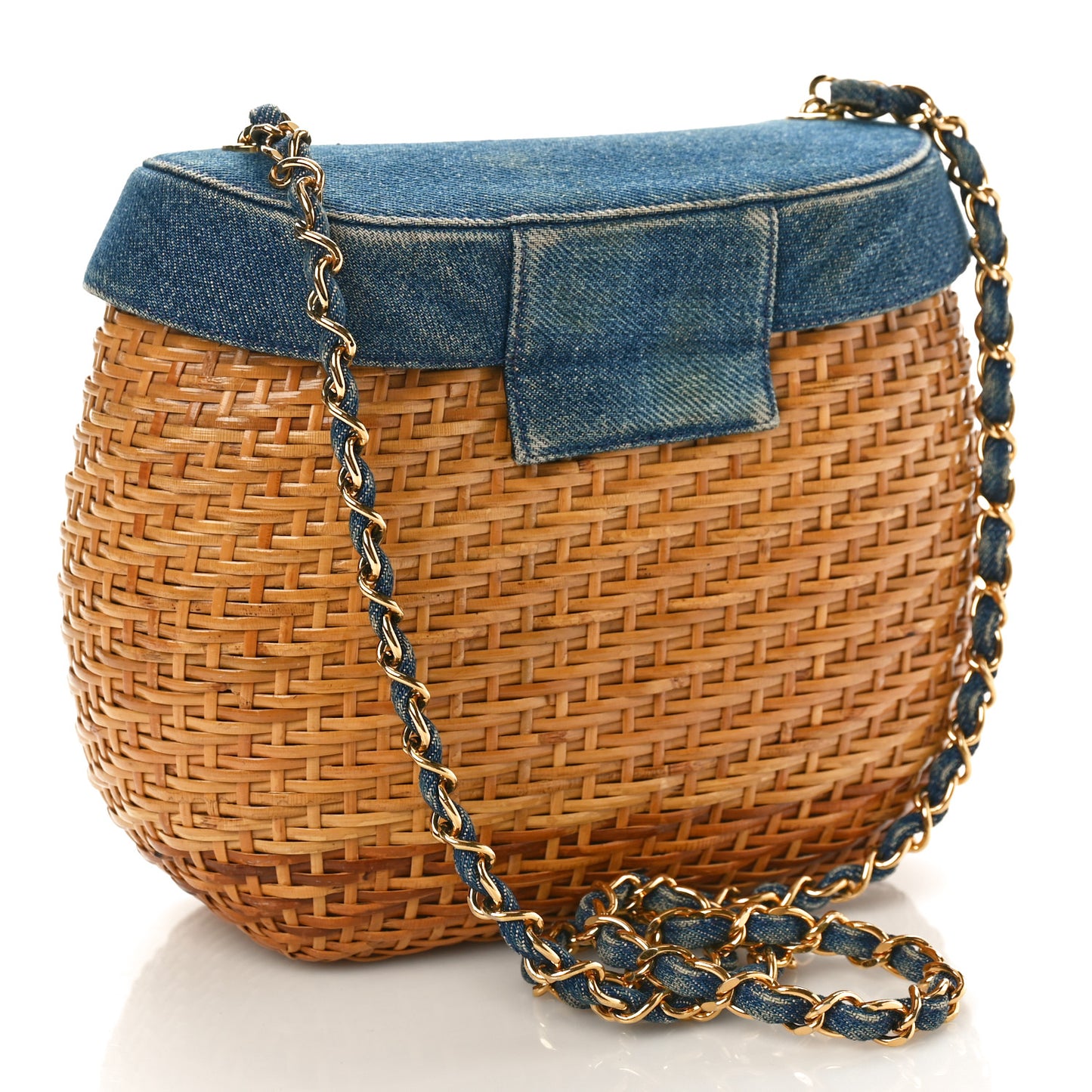 Denim Rattan Basket Shoulder Bag Blue