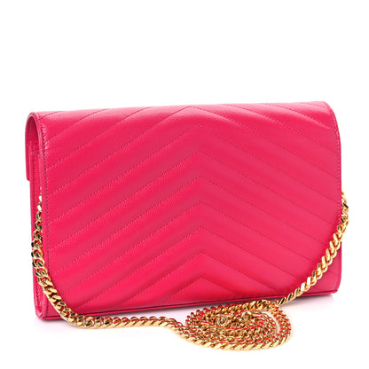 Saint Laurent Grain De Poudre Matelasse Chevron Monogram Chain Wallet Bubblegum 2 of 8