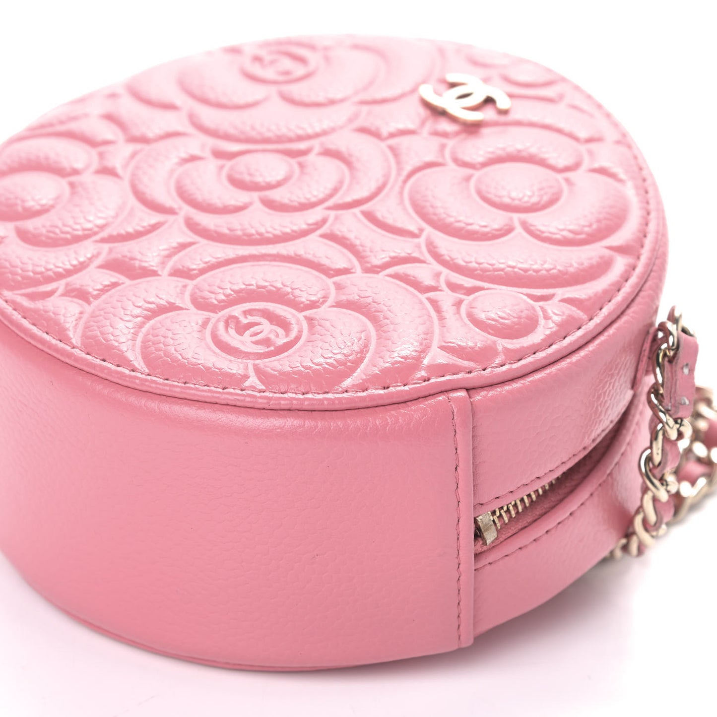 Caviar Camellia Embossed Round Clutch With Chain Pink