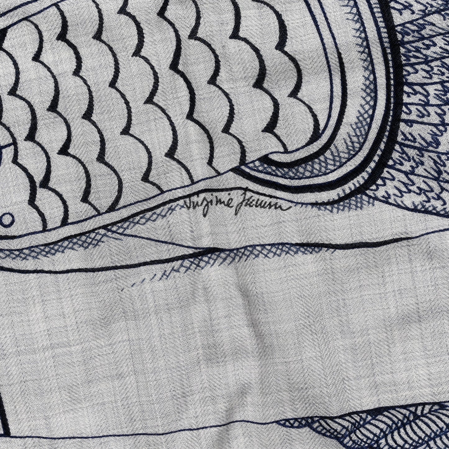 Cashmere Silk Zouaves Et Dragons Shawl 140 Gris Chine Marine