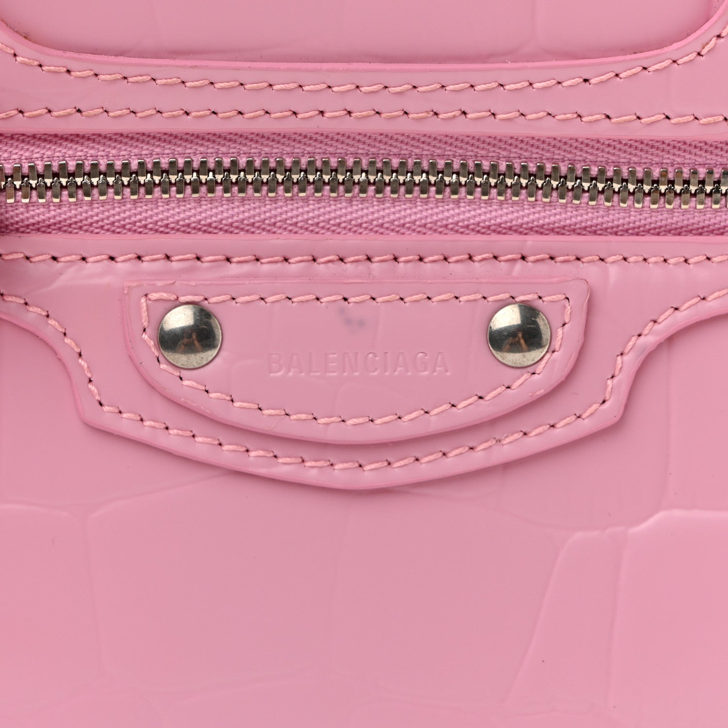 Balenciaga Semi Shiny Calfskin Crocodile Embossed Neo Classic Silver Hardware Mini City Pink 7 of 10
