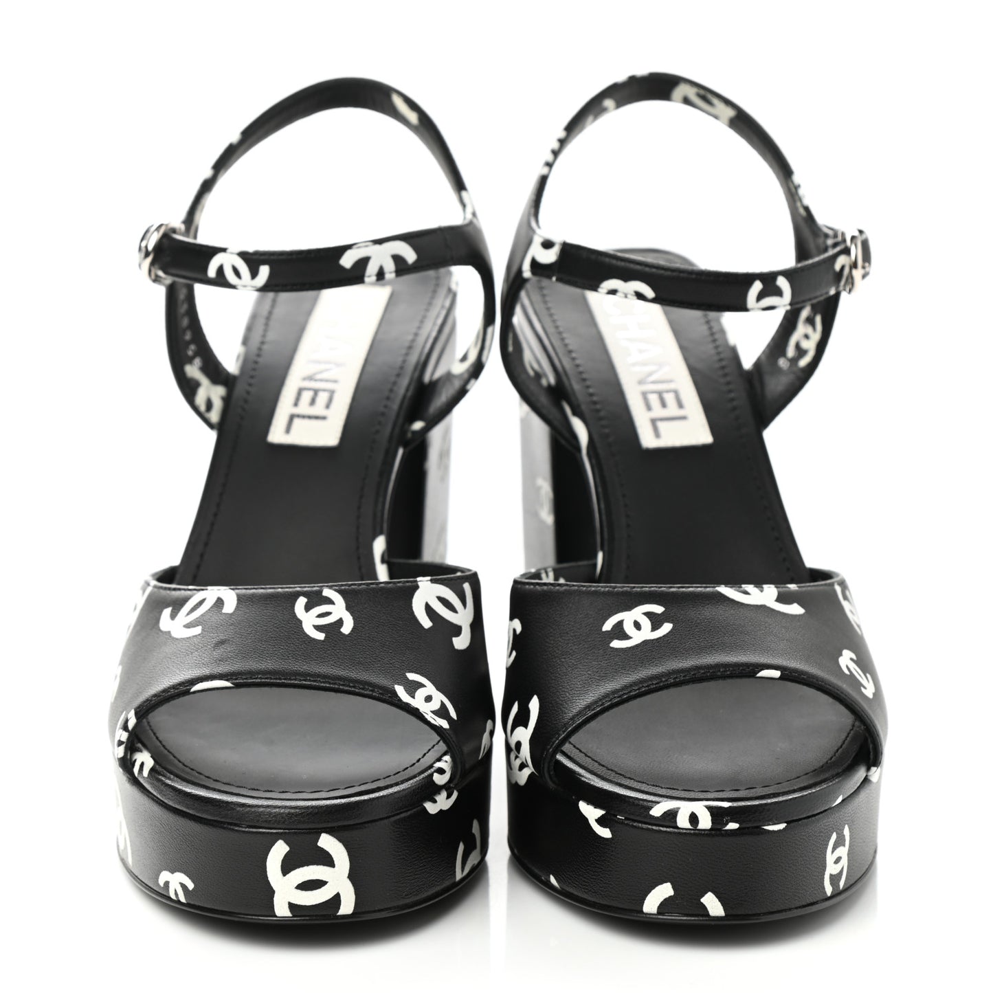 Printed Lambskin CC Platform Sandals 39 Black White