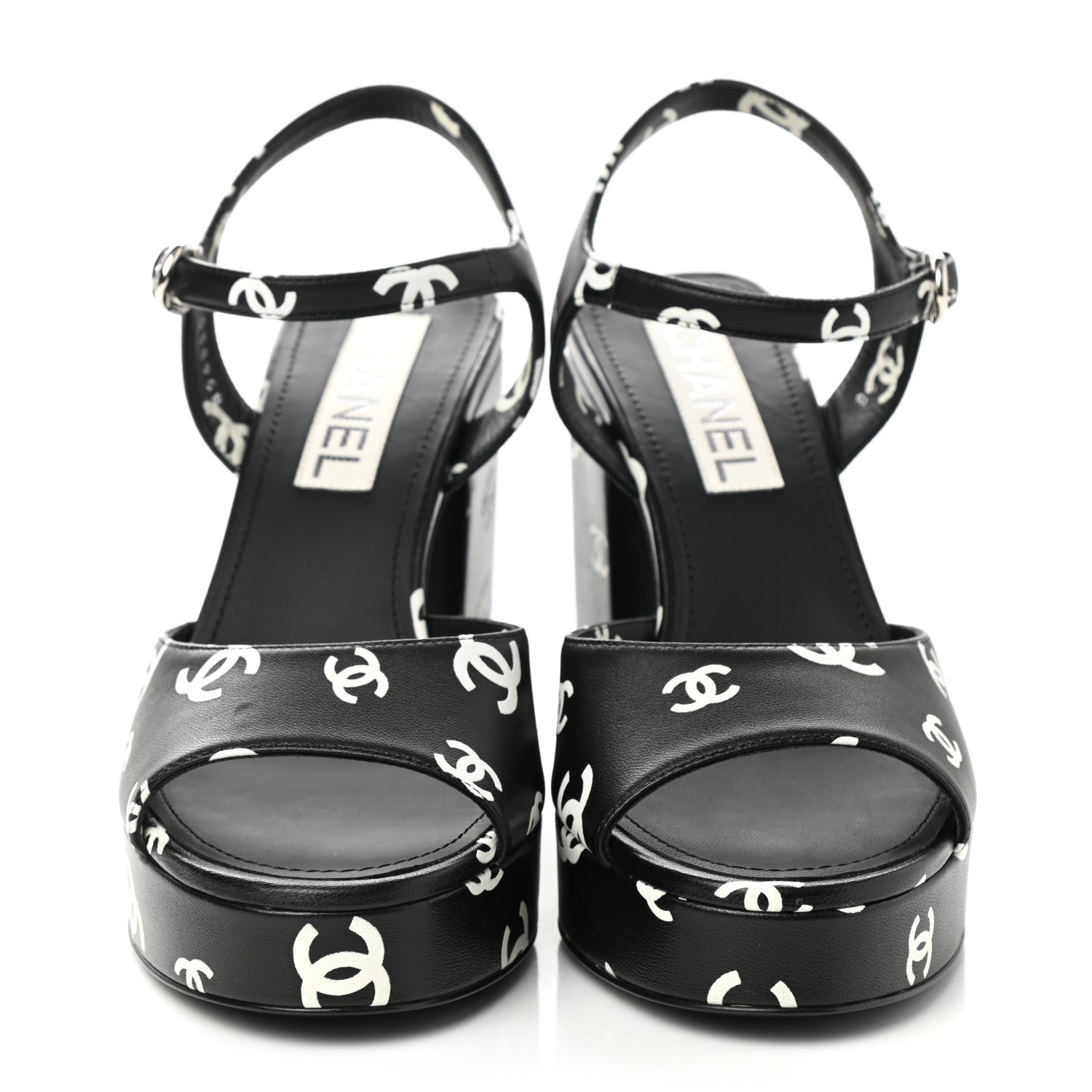Chanel Printed Lambskin CC Platform Sandals 39 Black White 1 of 9