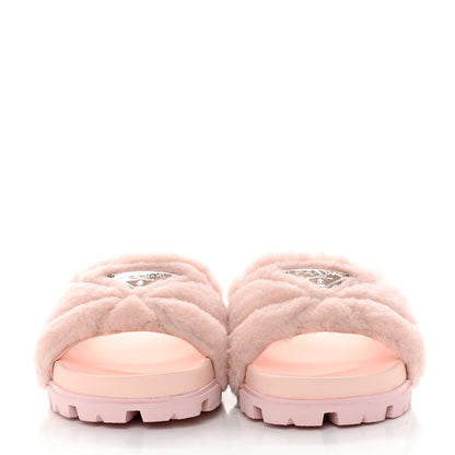 Prada Shearling Metal Triangle Logo Lug Sole 20mm Slide Sandals 35.5 Orchidea 2 of 9