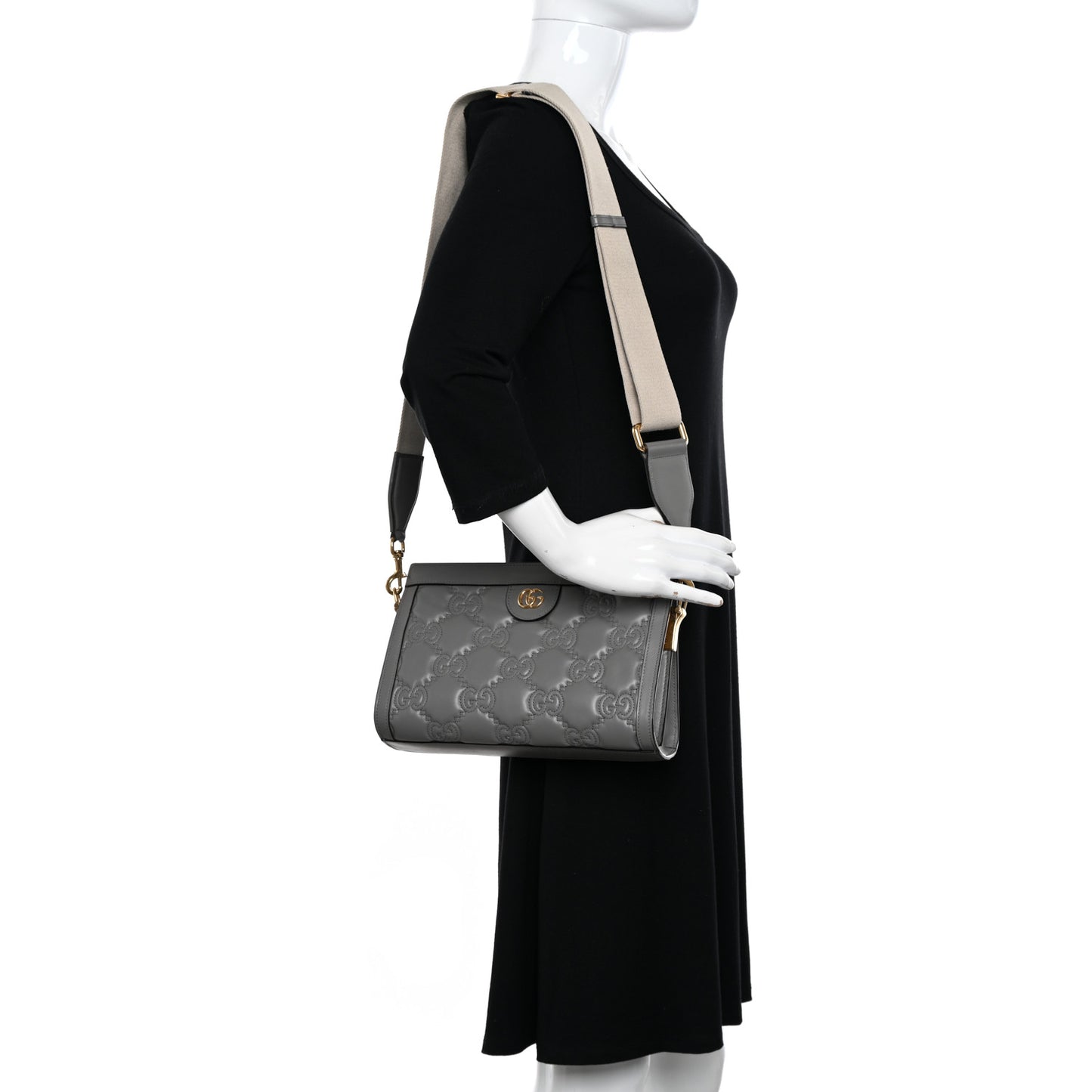 Calfskin GG Matelasse Small Slim Chain Shoulder Bag Dusty Grey Natural