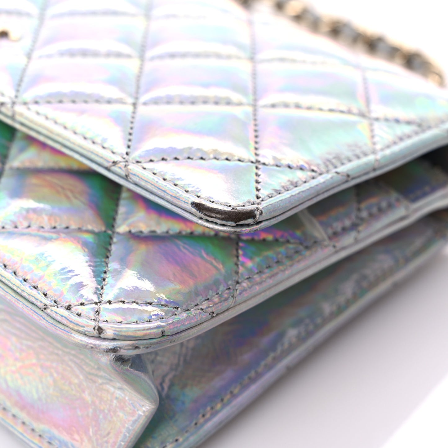Iridescent Goatskin Quilted Wallet On Chain WOC Silver