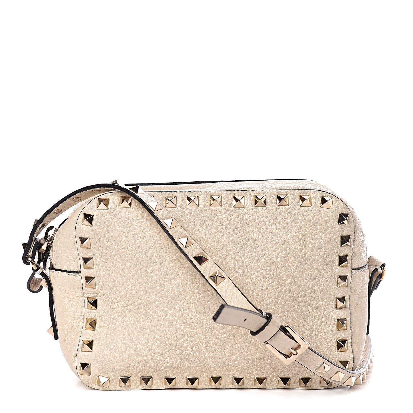 Grained Calfskin Rockstud Camera Crossbody Bag Ivory