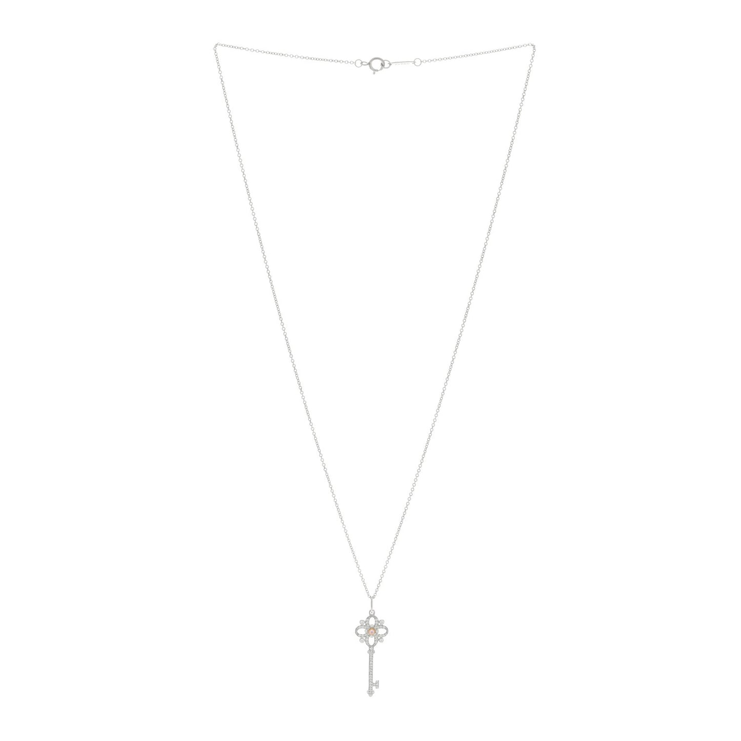 Platinum 18K Rose Gold Pink Diamond Floret Key Pendant Necklace