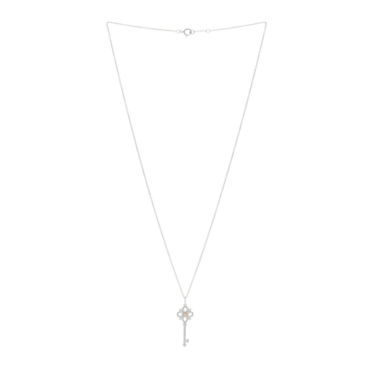 Tiffany Platinum 18K Rose Gold Pink Diamond Floret Key Pendant Necklace 2 of 4