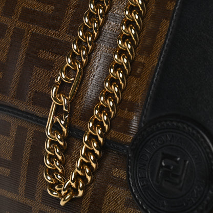 Fendi Vitello Grace Glazed Fabric FF 1974 Double F Shoulder Bag Black Mogano Panna 13 of 19