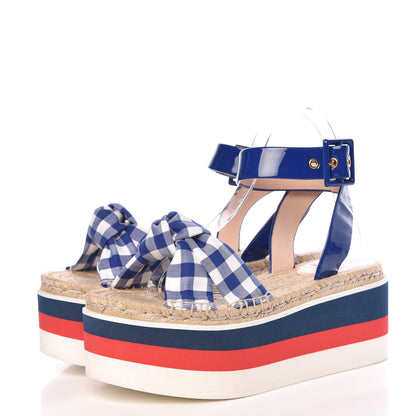 Gucci Patent Cotton Gingham Sefir Espadrille Platform Sandals 37 Blue White 3 of 10