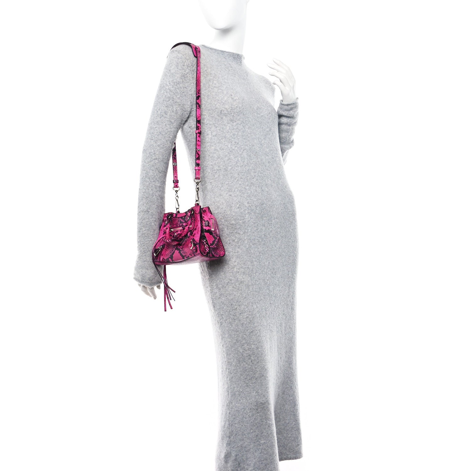 Balenciaga Calfskin Python Effect Neo Classic Silver Hardware Mini City Fuchsia Black 2 of 10