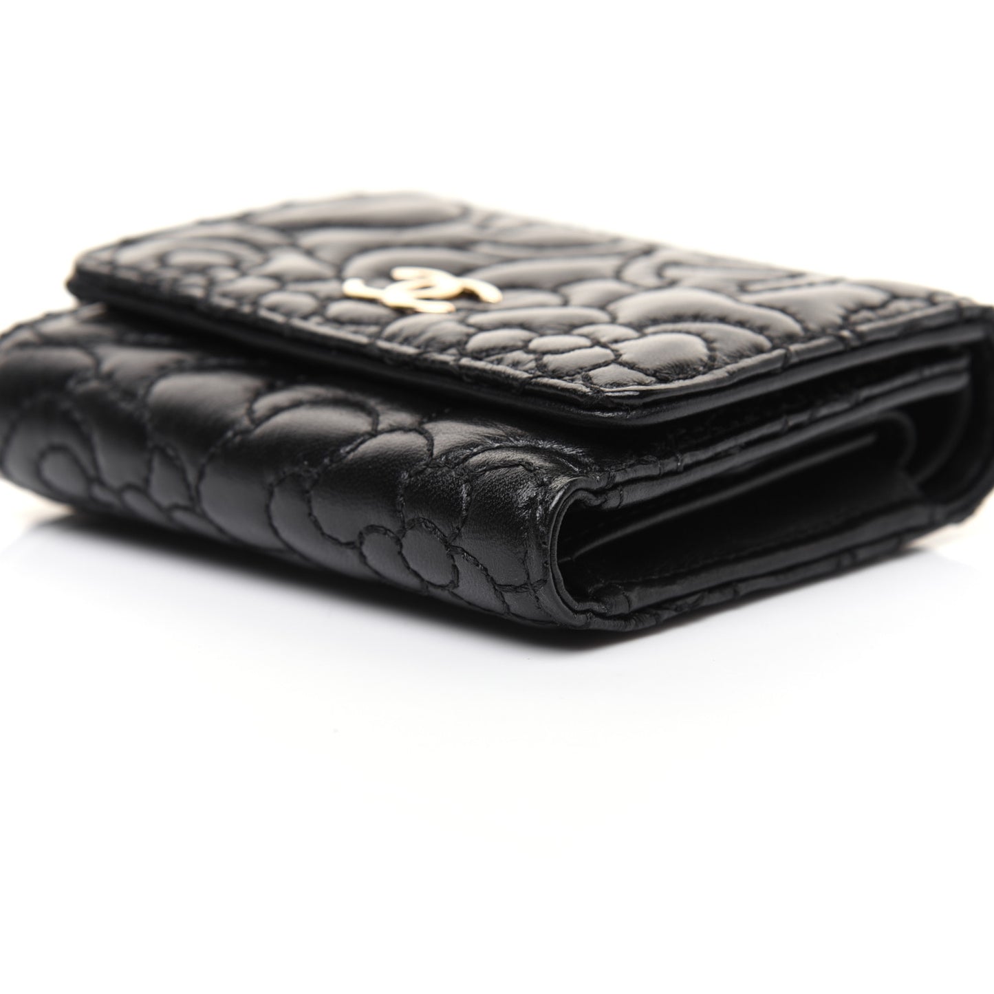 Lambskin Camellia Embossed Small Double Wallet Black
