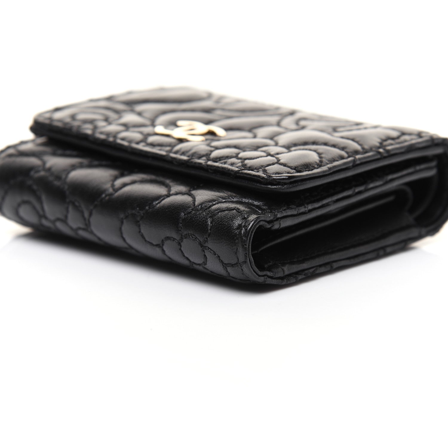 Chanel Lambskin Camellia Embossed Small Double Wallet Black 7 of 13