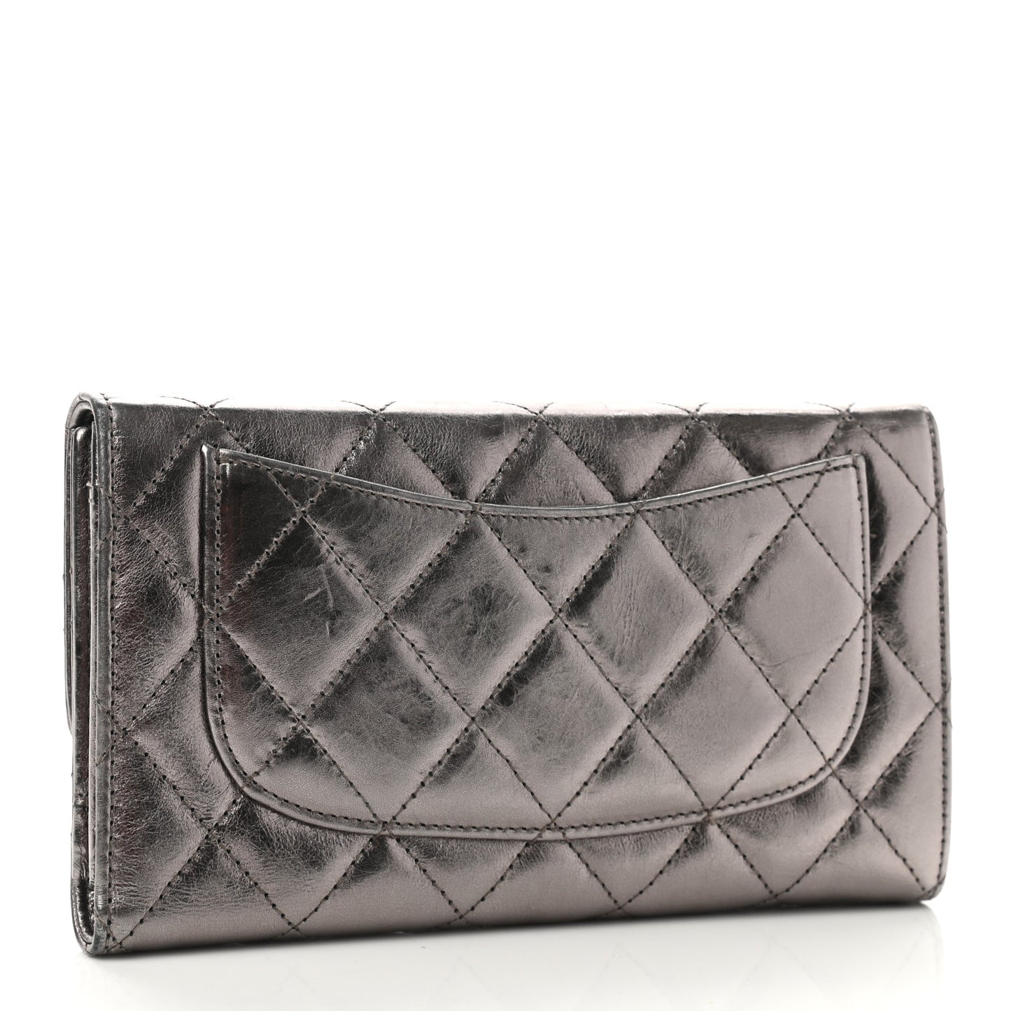 Metallic Aged Calfskin Quilted Reissue Flap Wallet Silver